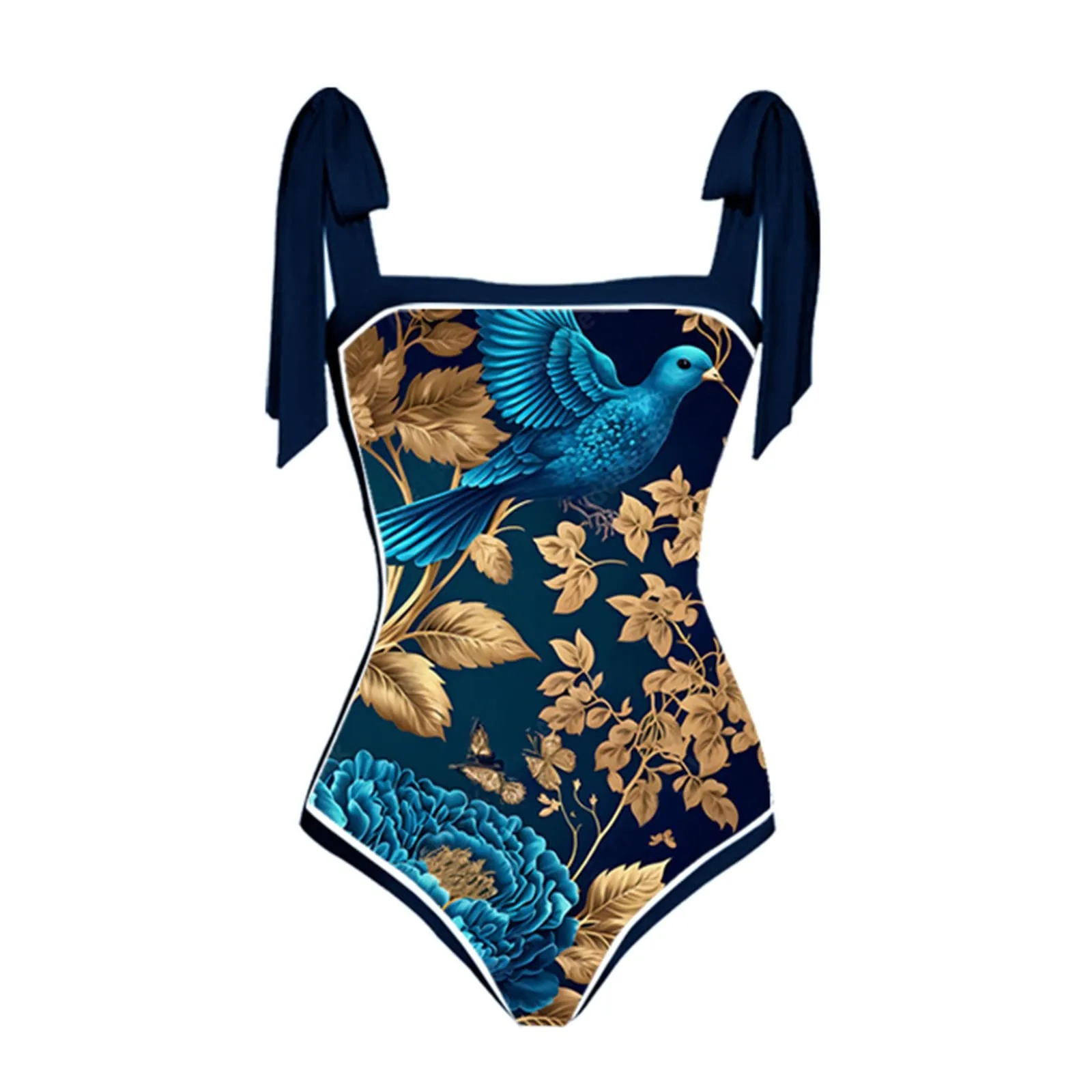 PAIDAXING Costume da bagno da donna 2 pezzi con pareo, stampa floreale vintage, monokini con gonna lunga avvolgente, Blu, XL - immagine 4