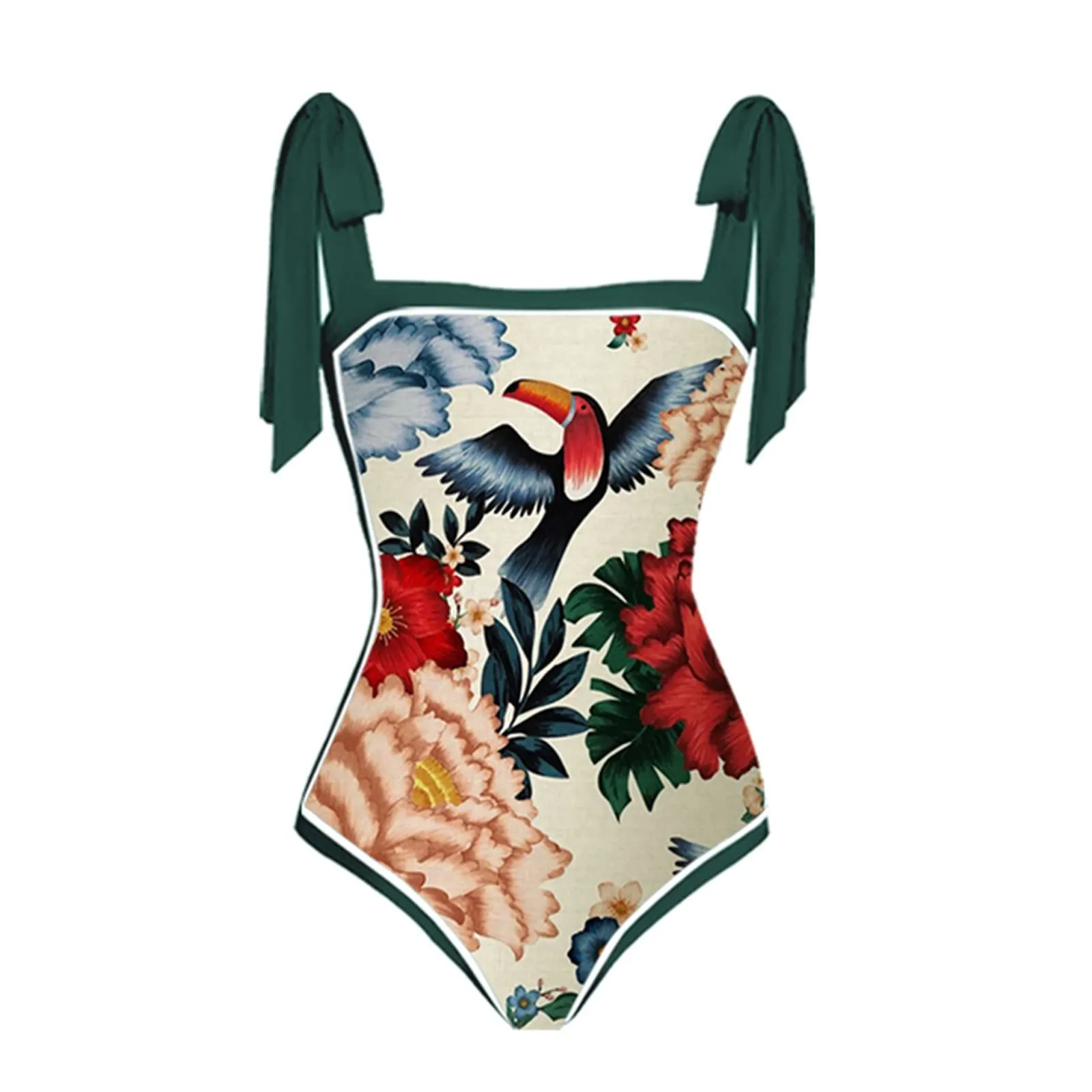 PAIDAXING Costume da Bagno Donna 2 Pezzi Monokini con Pareo e Gonna Avvolgente, Stampa Floreale Vintage, Rosso, M - immagine 4