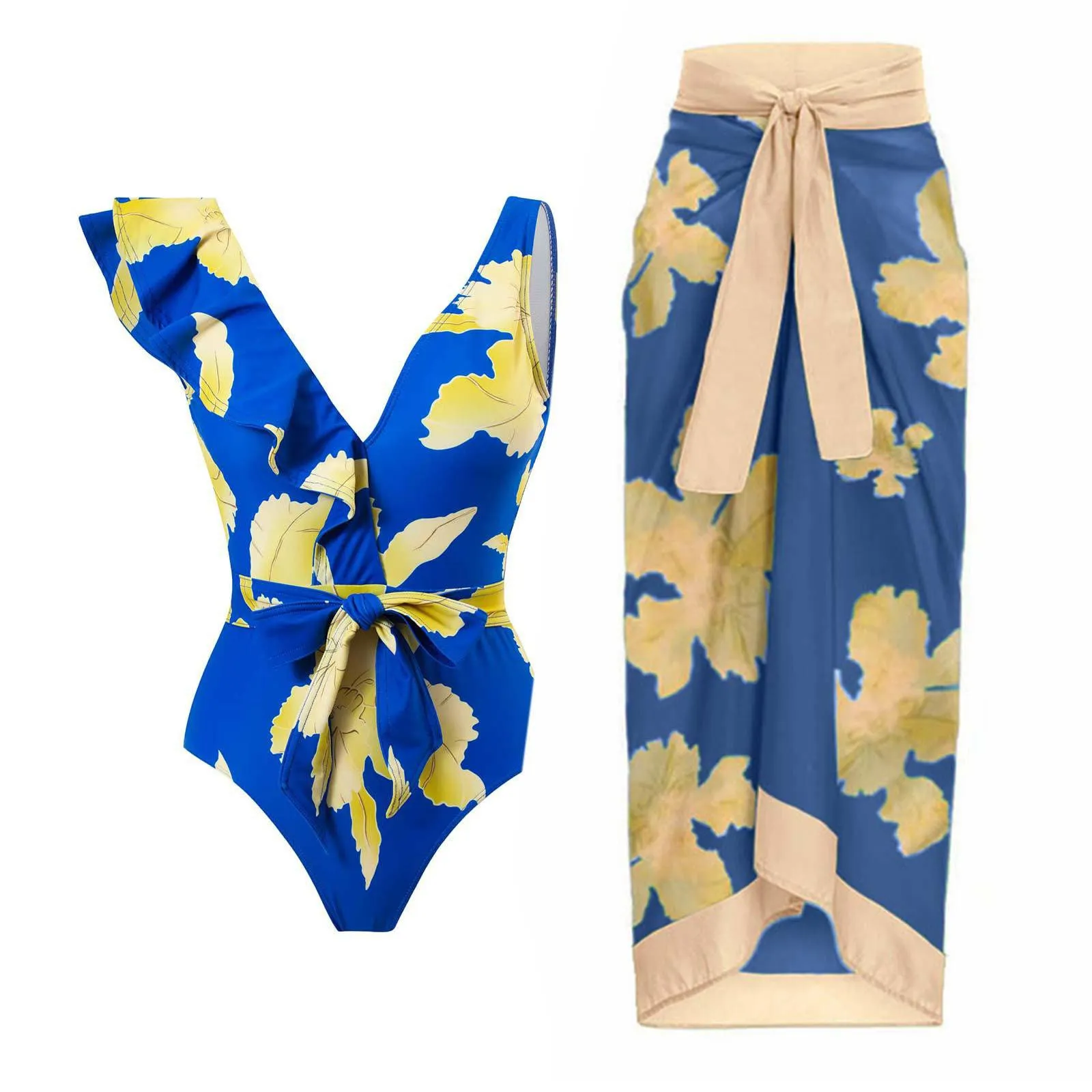 PAIDAXING Costume da bagno da donna 2 pezzi con pareo, stampa floreale vintage, monokini con gonna avvolgente Boho, 21-blu, M - immagine 2