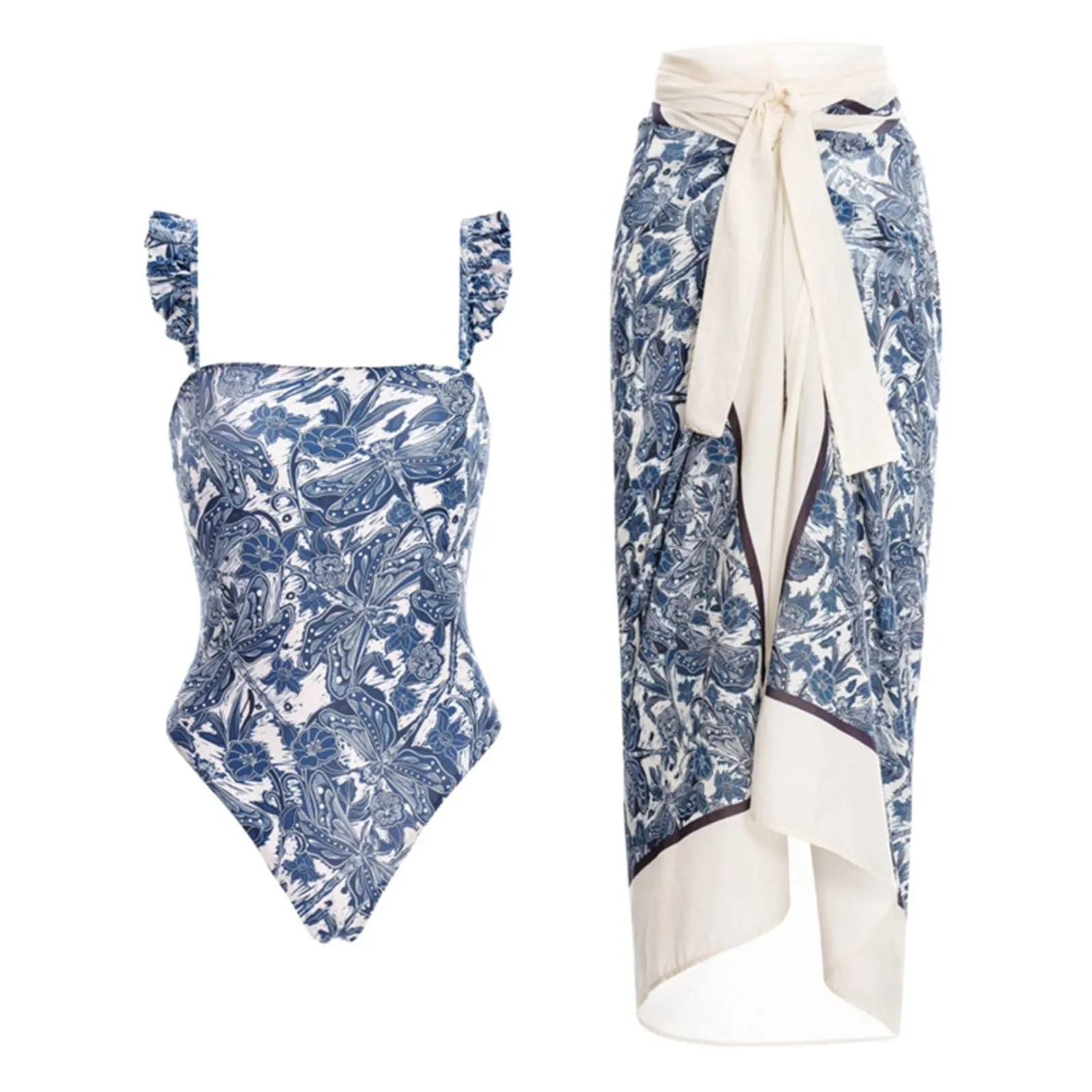 PAIDAXING Costume da bagno da donna 2 pezzi con pareo, stampa floreale, monokini con gonna avvolgente Boho, Blu, M - immagine 2