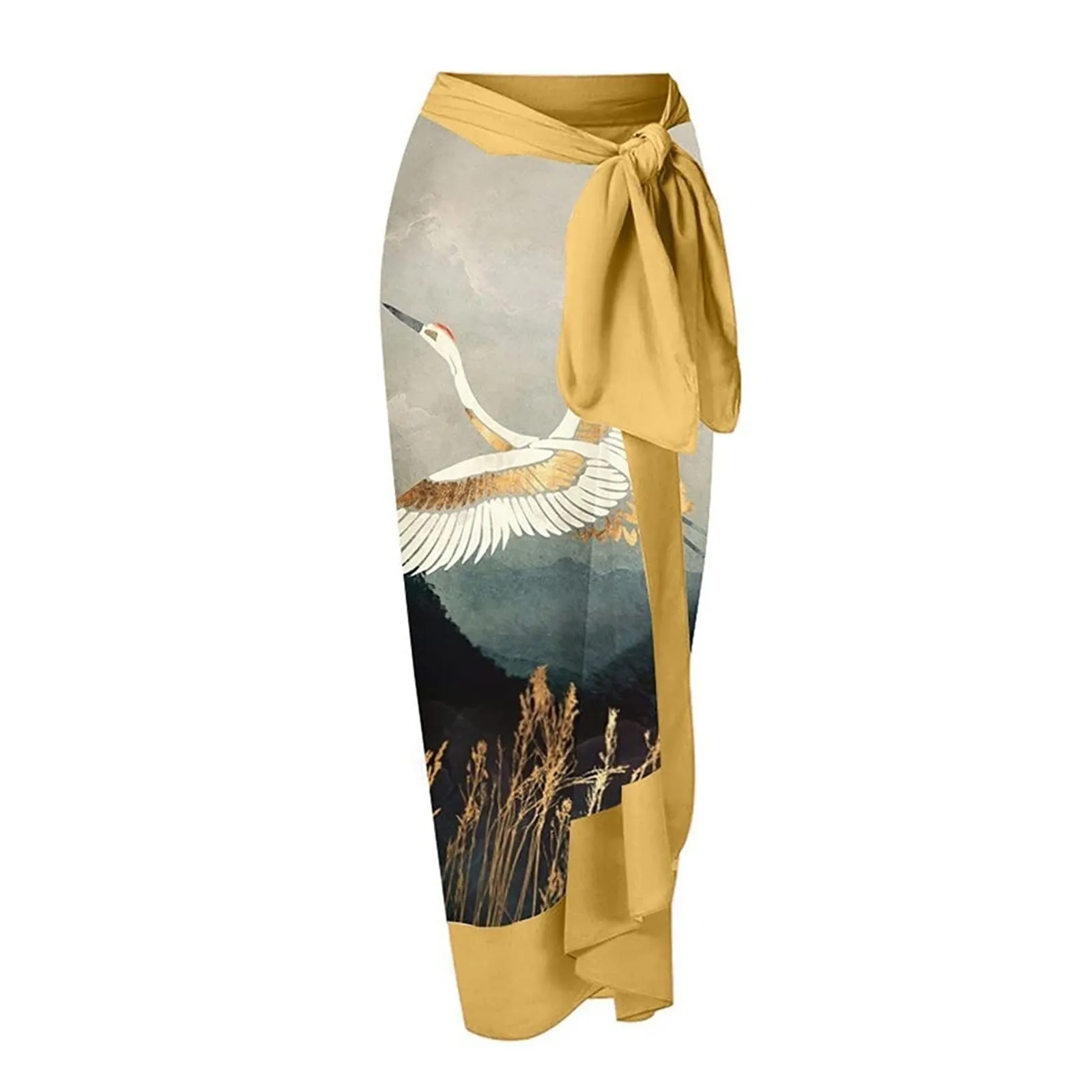 PAIDAXING Costume da bagno da donna 2 pezzi con pareo, stampa floreale vintage, monokini con gonna lunga avvolgente, oro, XL - immagine 5