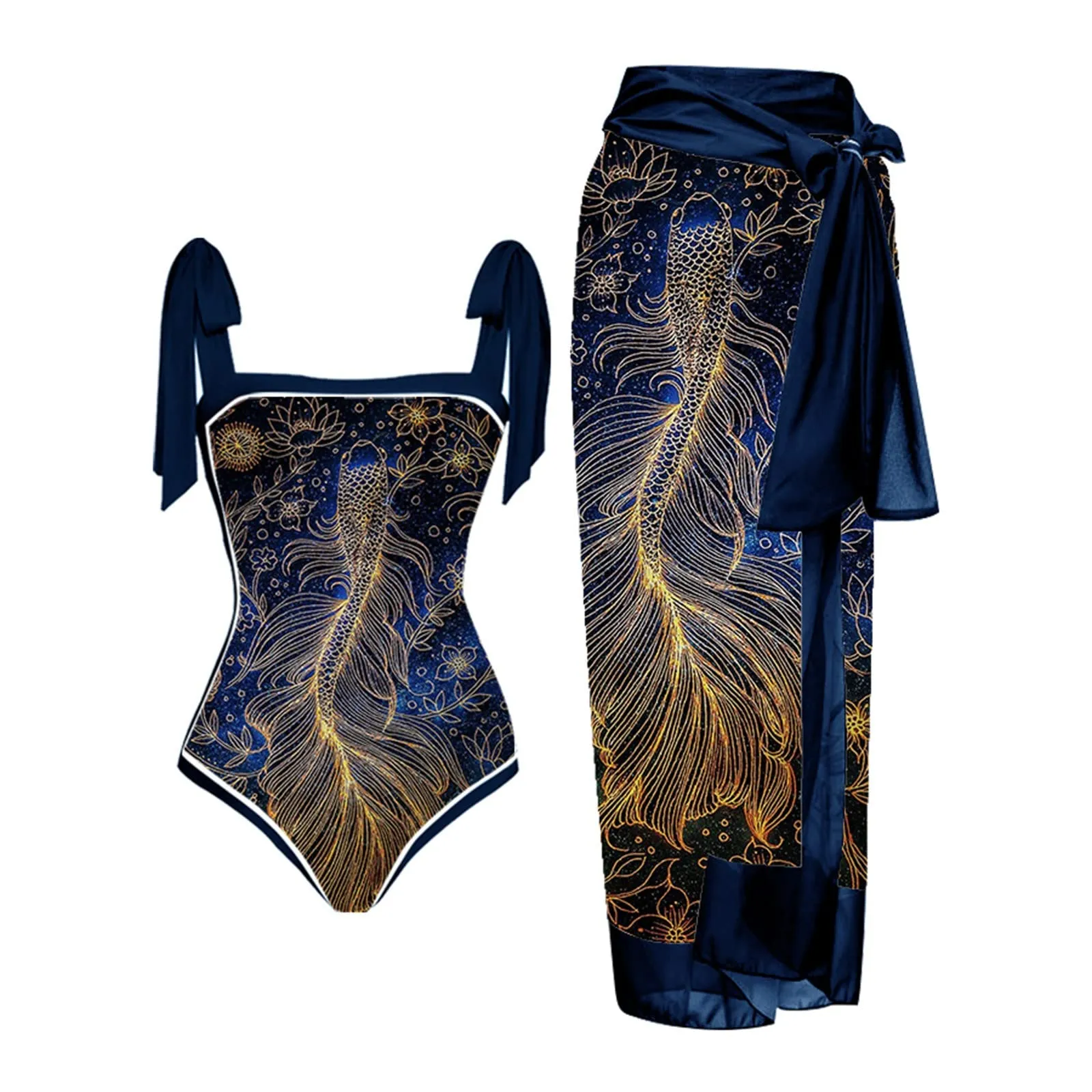 PAIDAXING Costume da bagno da donna 2 pezzi con pareo, stampa floreale, monokini con gonna avvolgente, 08-blu scuro, L - immagine 1