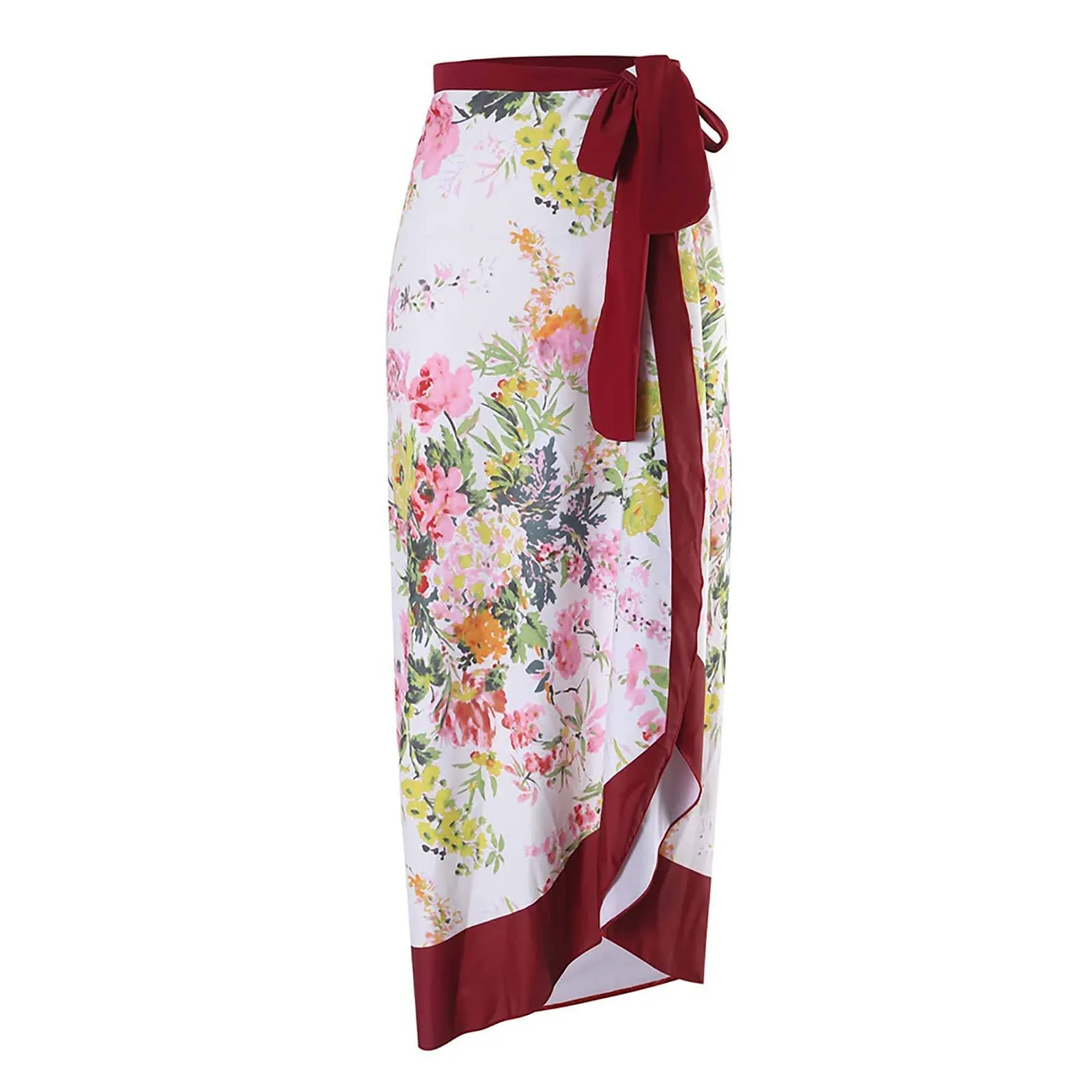 PAIDAXING Costume da bagno da donna in 2 pezzi con pareo a stampa floreale, Monokini con gonna lunga avvolgente, Vino, XL - immagine 5
