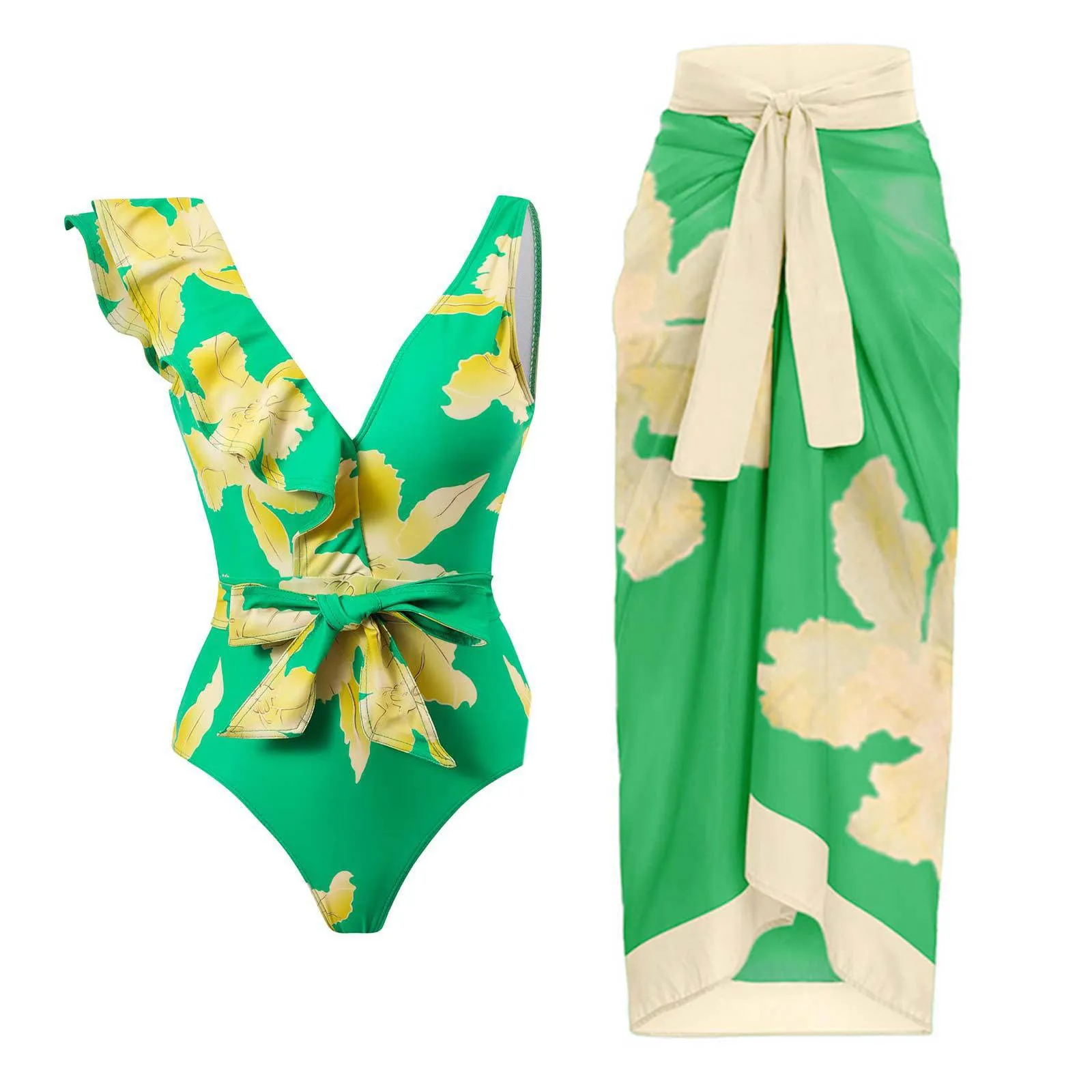 PAIDAXING Costume da bagno da donna 2 pezzi con pareo, stampa floreale vintage, monokini con gonna lunga avvolgente, verde, M - immagine 2