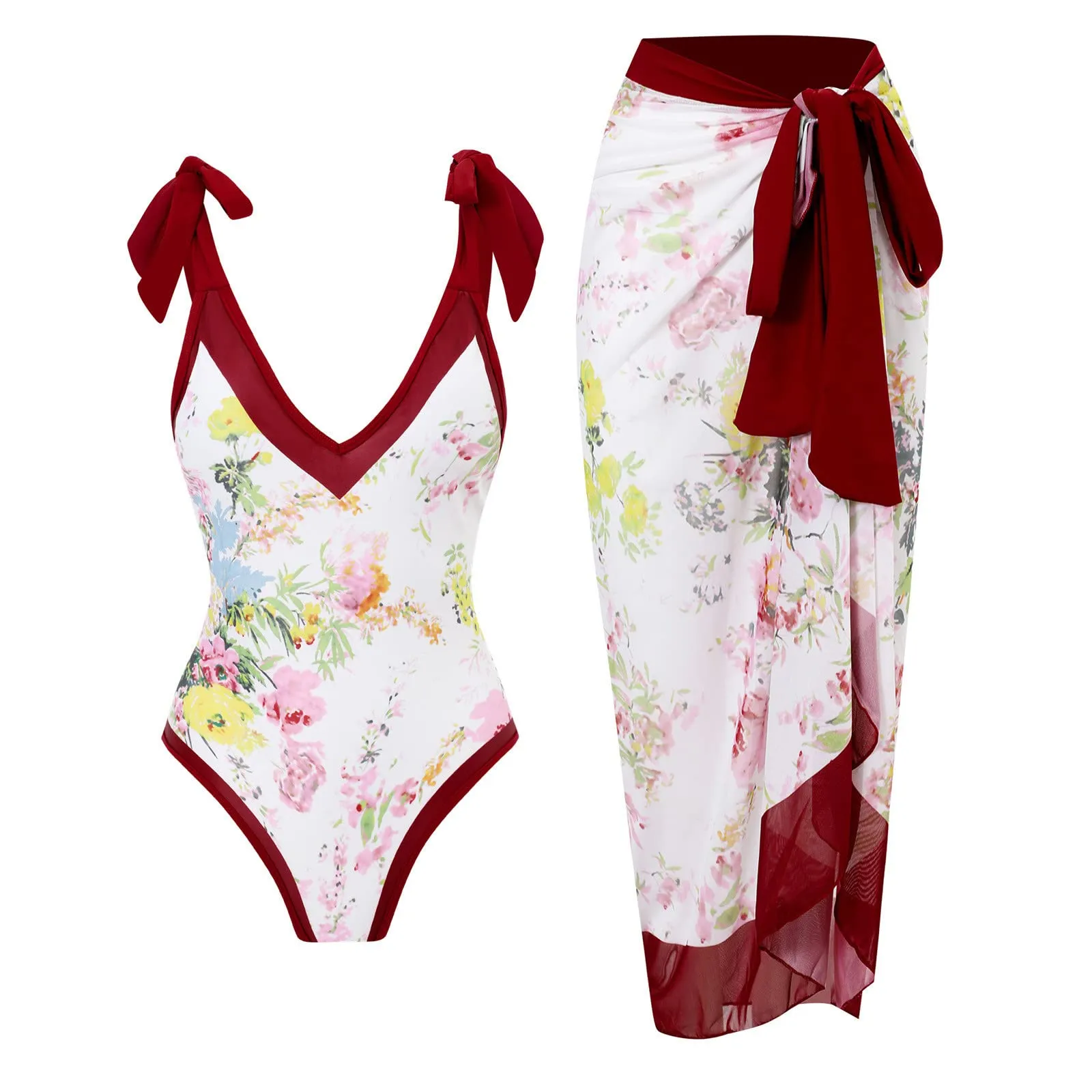 PAIDAXING Costume da bagno da donna 2 pezzi con pareo, stampa floreale vintage, monokini con gonna lunga avvolgente Boho, Vino, S - immagine 1