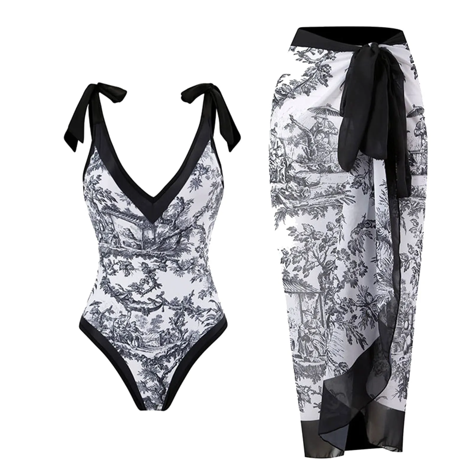 PAIDAXING Costume da bagno da donna 2 pezzi con pareo, stampa floreale vintage, monokini con gonna avvolgente Boho, 37-nero, M - immagine 2