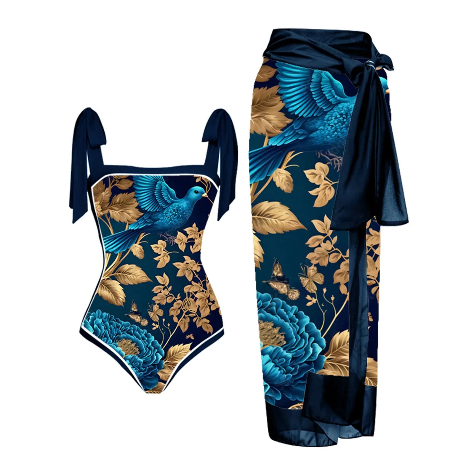 PAIDAXING Costume da bagno da donna 2 pezzi con pareo, stampa floreale vintage, monokini con gonna lunga avvolgente, 15 blu, M - immagine 2