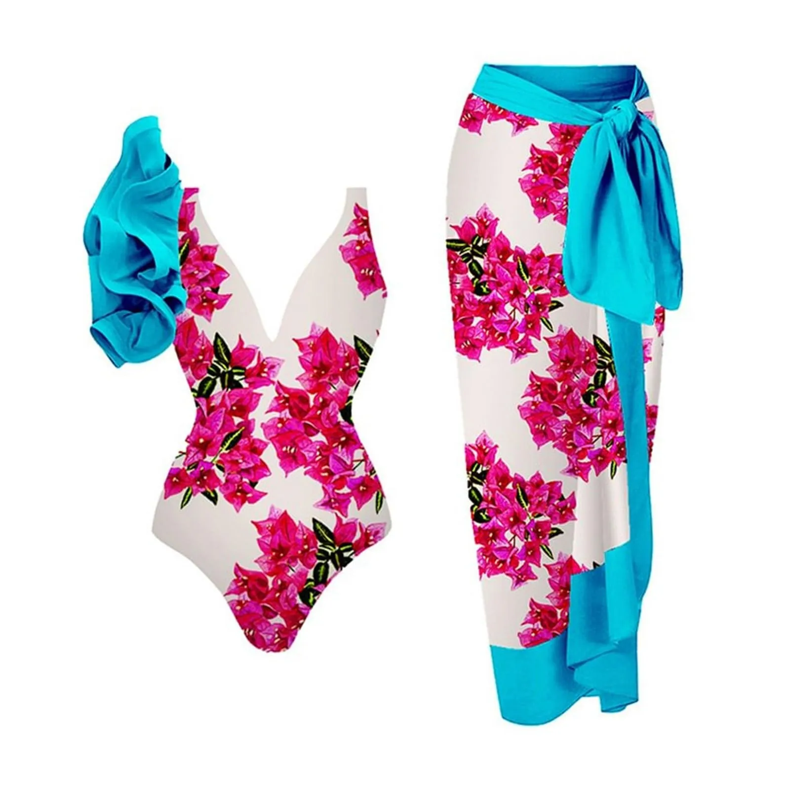 PAIDAXING Costume da bagno 2 pezzi da donna con pareo, stampa floreale vintage, monokini con gonna lunga avvolgente bohémien - immagine 1