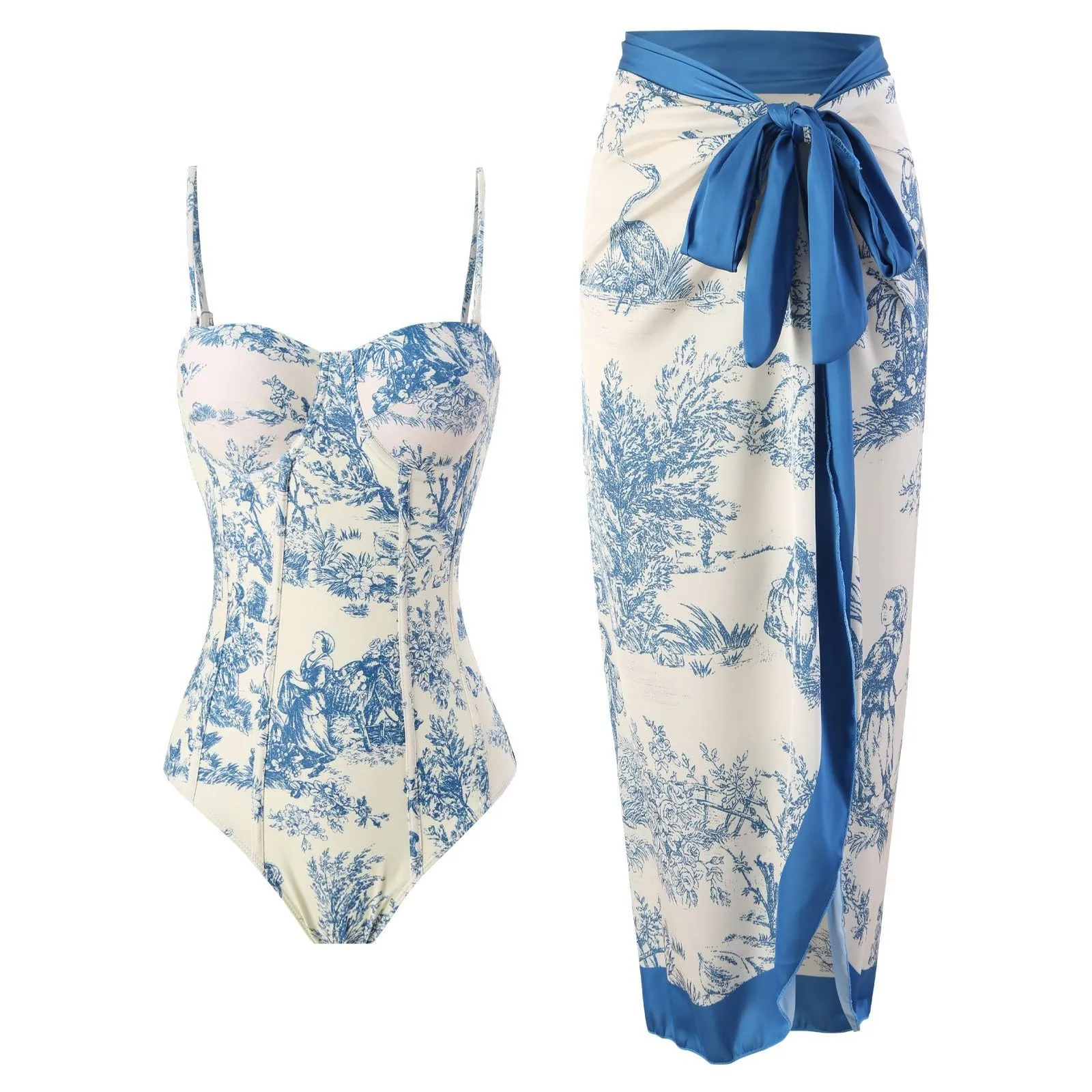 PAIDAXING Costume da bagno da donna 2 pezzi con pareo, stampa floreale vintage, monokini con gonna lunga, 01-blu, L - immagine 2