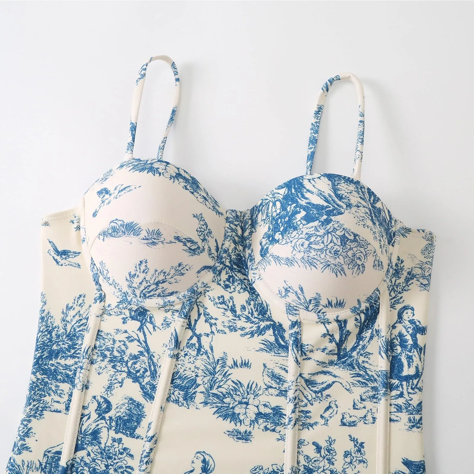 PAIDAXING Costume da bagno da donna 2 pezzi con pareo, stampa floreale vintage, monokini con gonna lunga, 01-blu, L - immagine 3