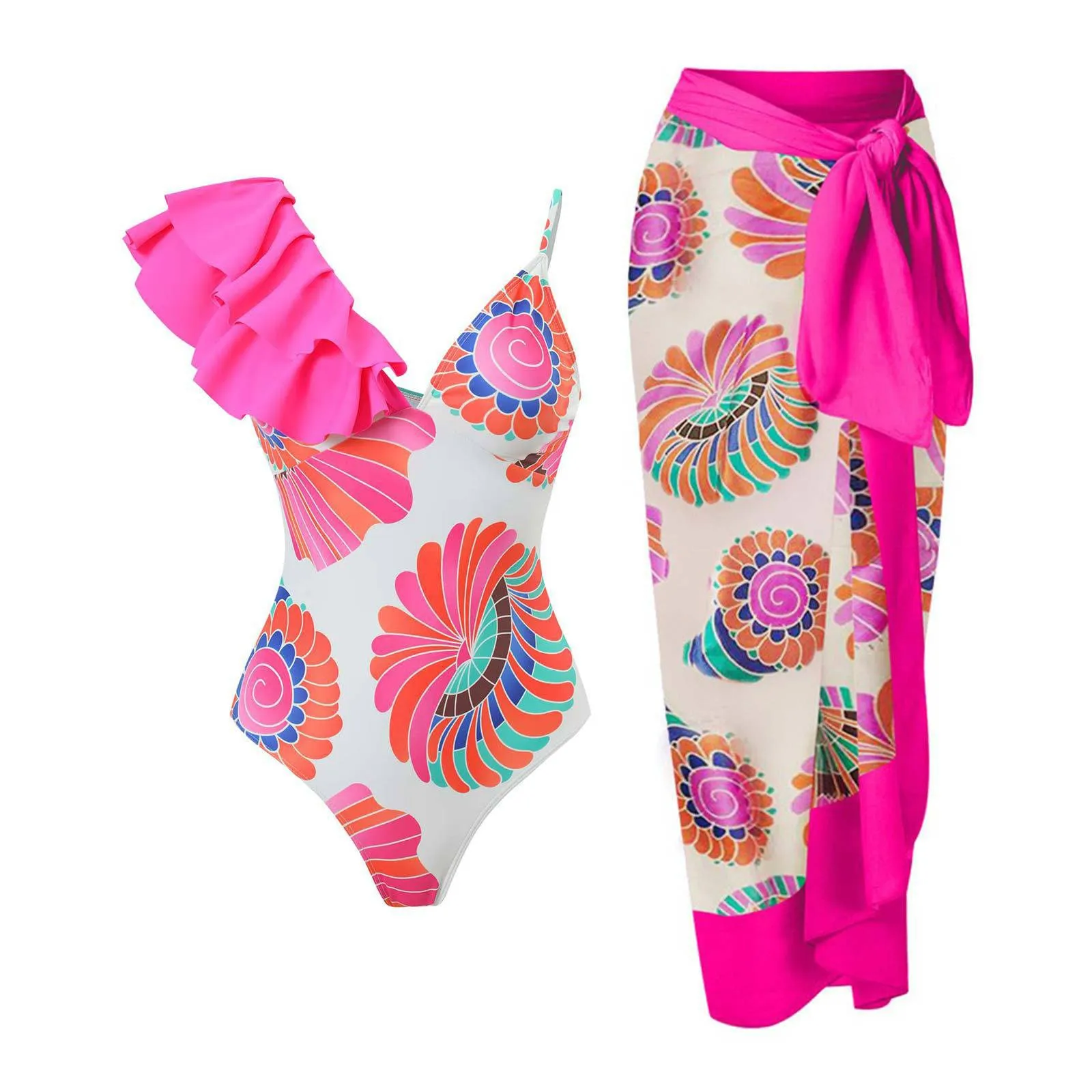PAIDAXING Costume da bagno da donna 2 pezzi con pareo, stampa floreale vintage, monokini con gonna avvolgente Boho, 24-rosa, S - immagine 2