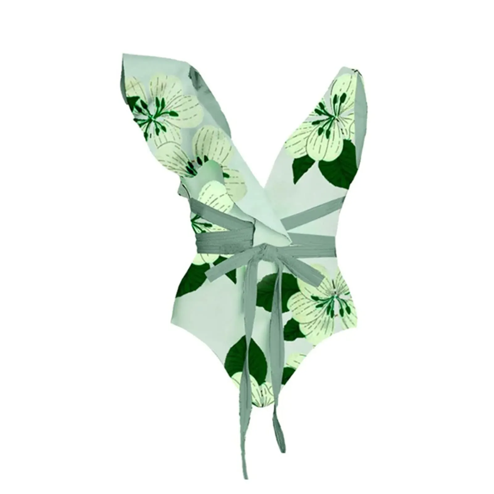 PAIDAXING Costume da bagno da donna 2 pezzi con pareo, monokini vintage stampa floreale e gonna lunga avvolgente, Verde, M - immagine 4