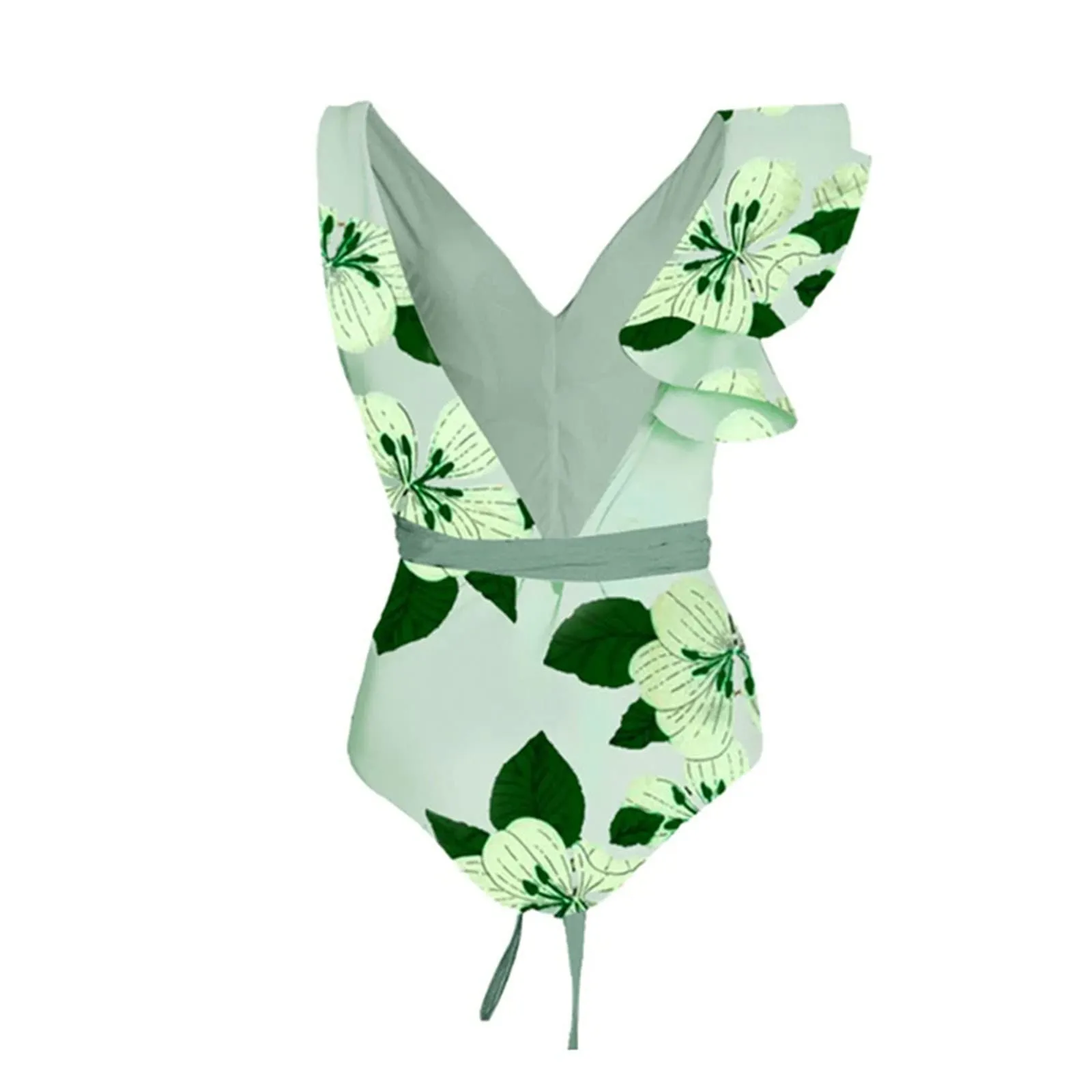 PAIDAXING Costume da bagno da donna 2 pezzi con pareo, monokini vintage stampa floreale e gonna lunga avvolgente, Verde, M - immagine 5
