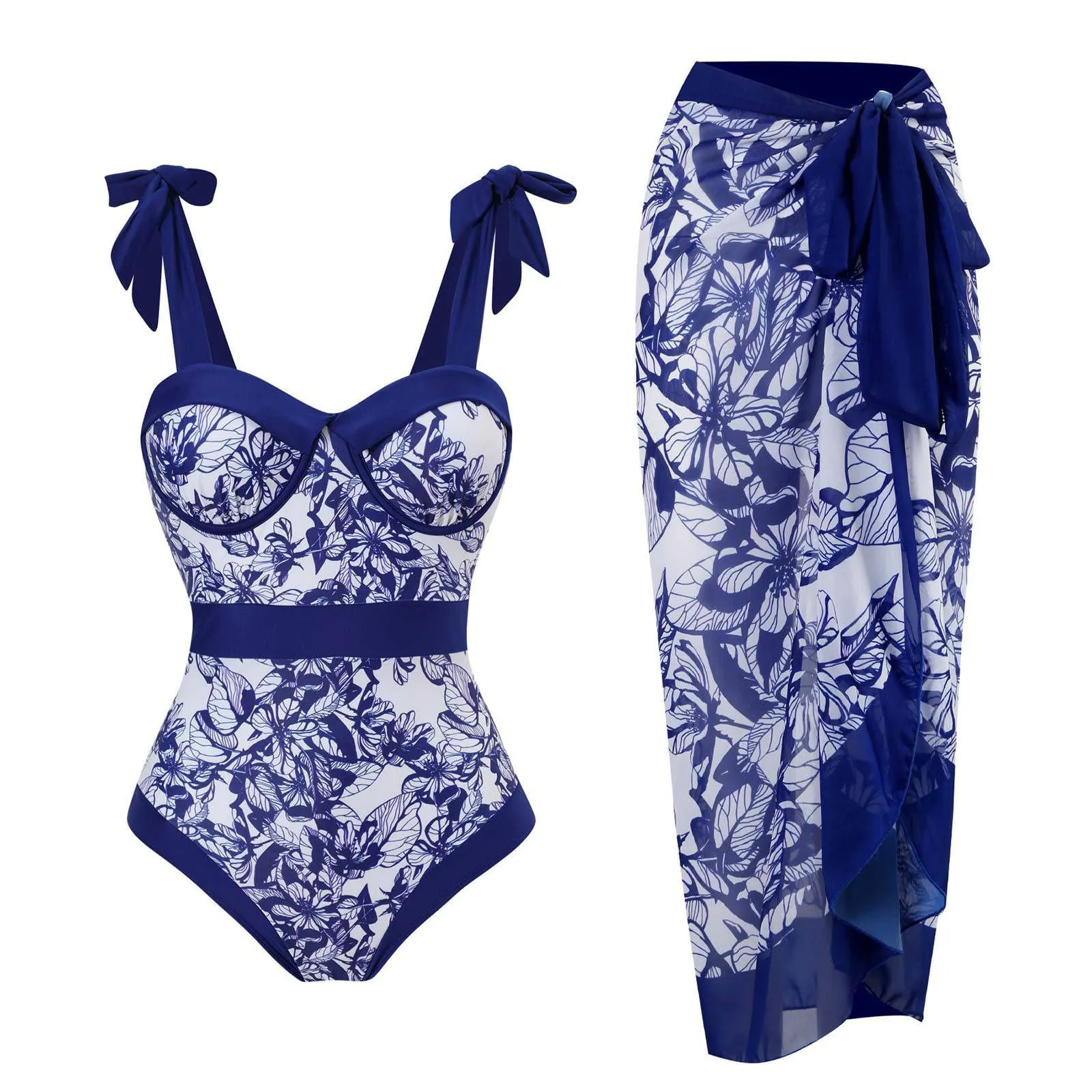 PAIDAXING Costume da bagno da donna 2 pezzi con pareo, stampa floreale, monokini con gonna lunga avvolgente, Blu Navy, S - immagine 1