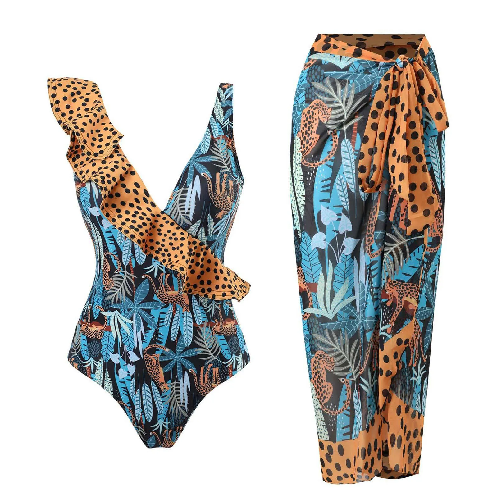 PAIDAXING Costume da bagno da donna 2 pezzi con pareo, stampa floreale vintage, monokini con gonna lunga avvolgente, 23-cachi, S - immagine 1