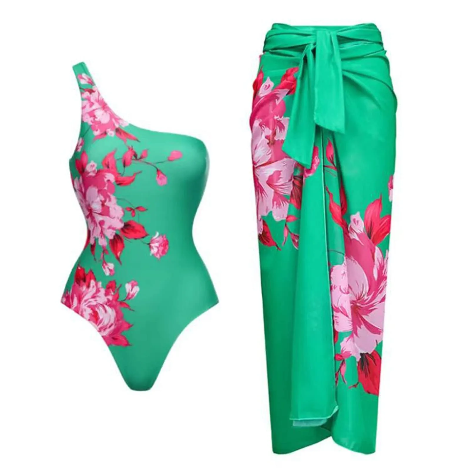PAIDAXING Costume da bagno da donna 2 pezzi con pareo, stampa floreale, monokini con gonna lunga avvolgente, verde, M - immagine 2