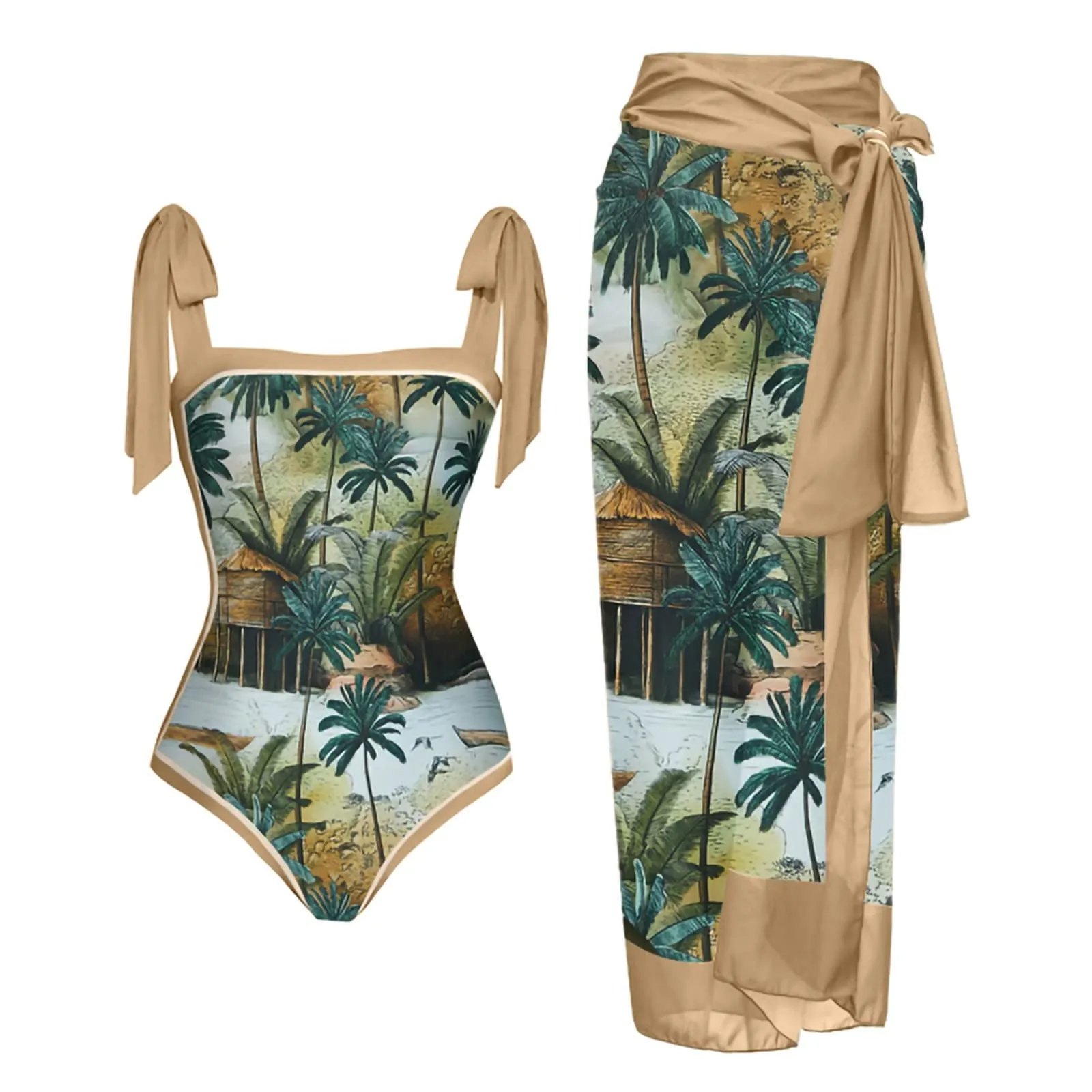 PAIDAXING Costume da bagno da donna 2 pezzi con pareo, stampa floreale, monokini con gonna lunga avvolgente, 09-kaki, XL - immagine 1