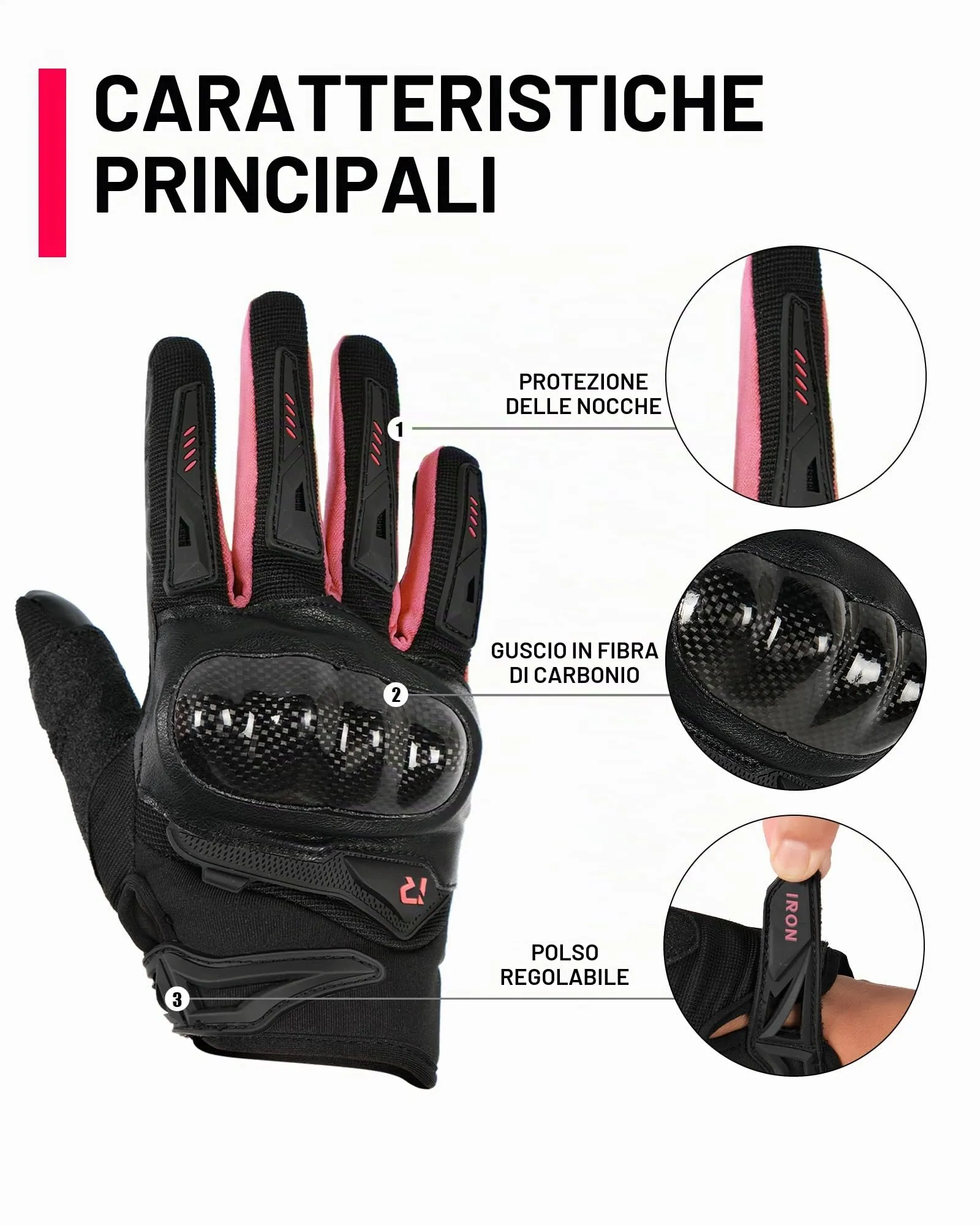 IRON JIA'S Guanti Moto Uomo Estivi in Fibra di Carbonio Traspiranti Touch Screen, Rosa, XL - immagine 4