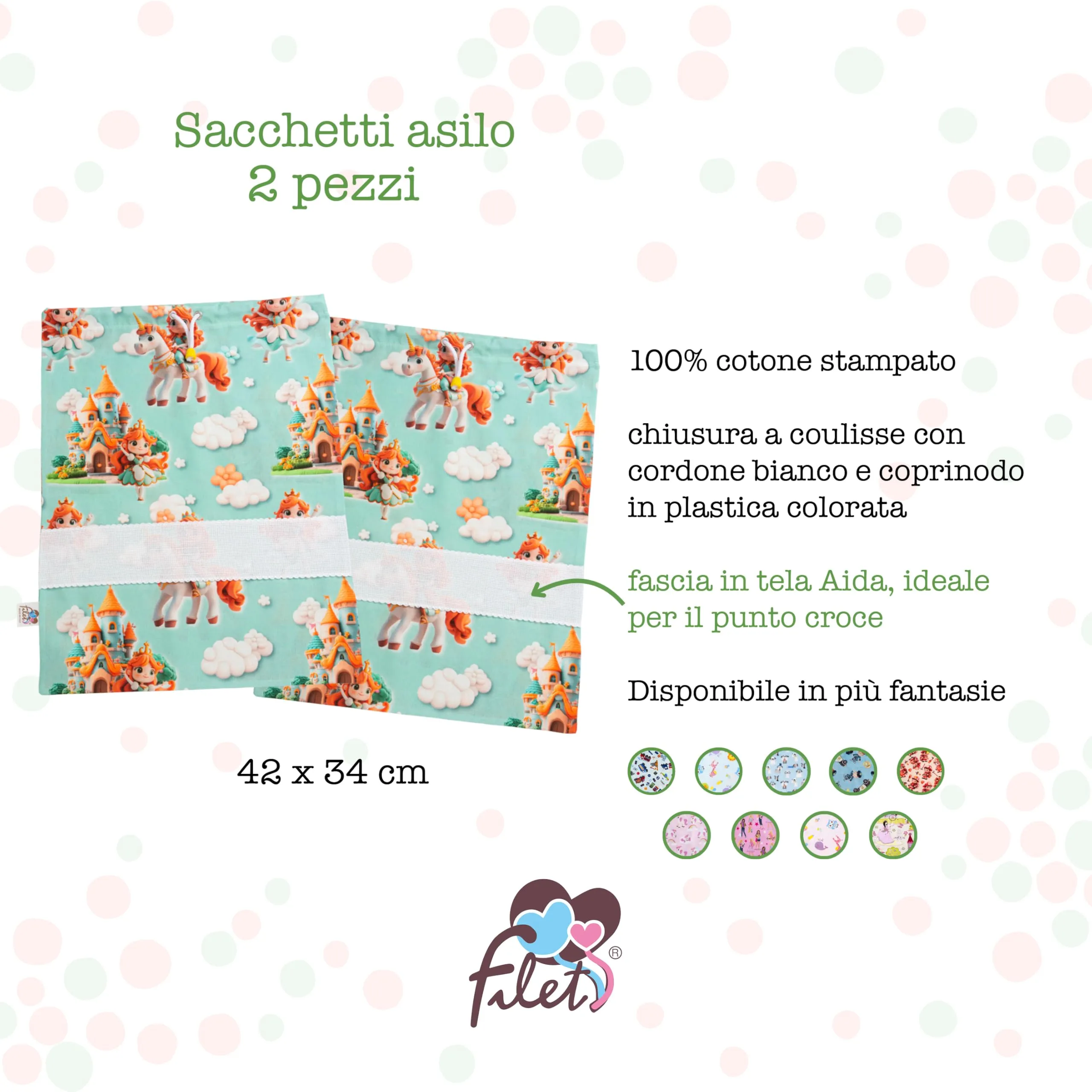Filet Set 2 Sacchetti Asilo in Cotone Principesse Fondo Verde Tiffany con Inserto in Tela Aida da Ricamare, 42 x 34 cm - immagine 2