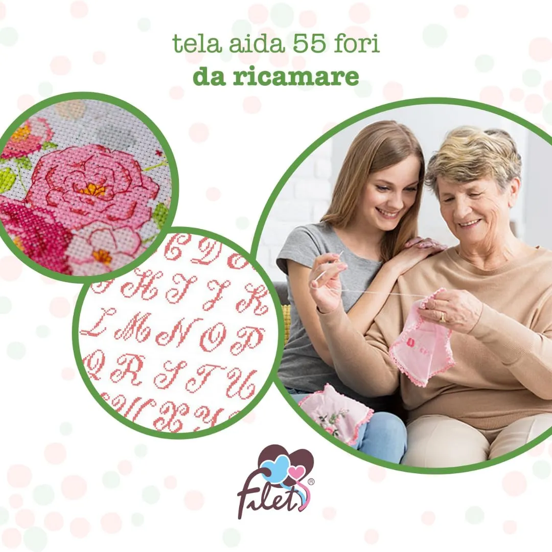 Filet Set 2 Sacchetti Asilo in Cotone Principesse Fondo Verde Tiffany con Inserto in Tela Aida da Ricamare, 42 x 34 cm - immagine 4