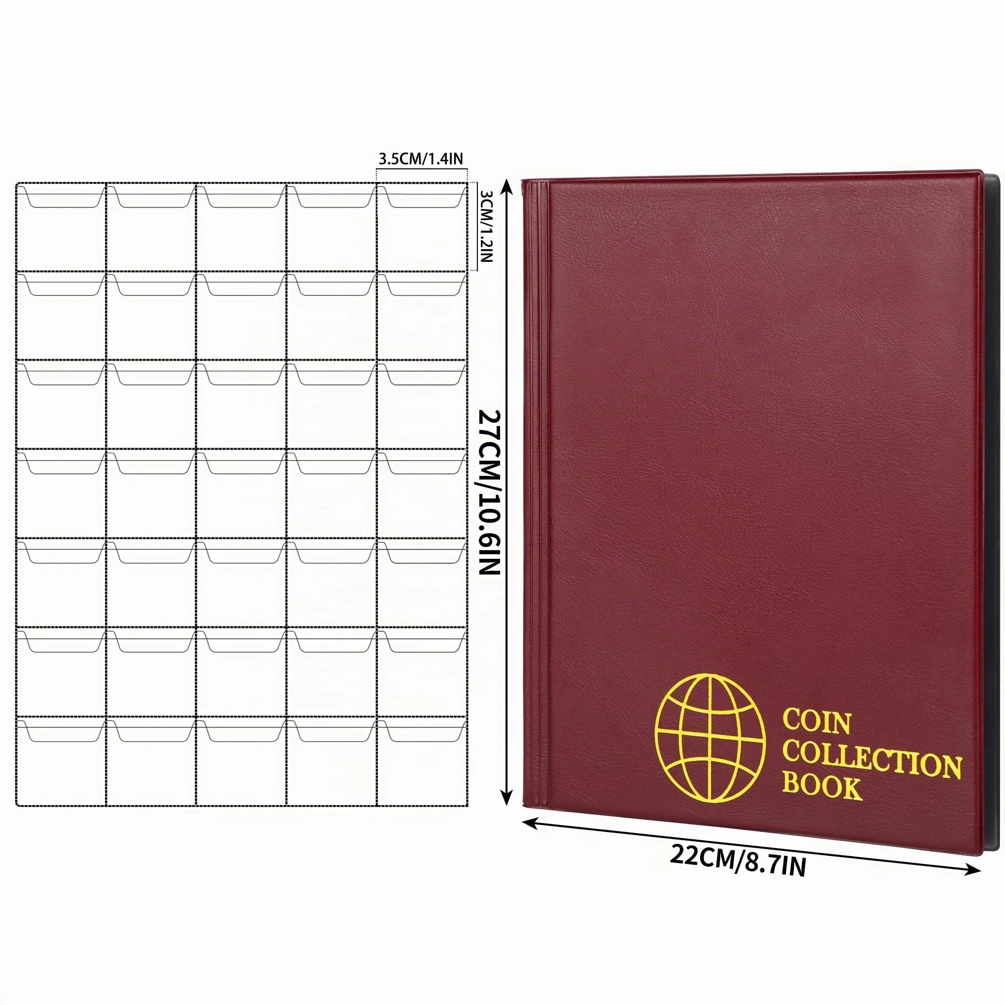 Uncle Paul Album per monete, 350 tasche, 10 fogli, 30x35mm, Rosso Borgogna - immagine 2