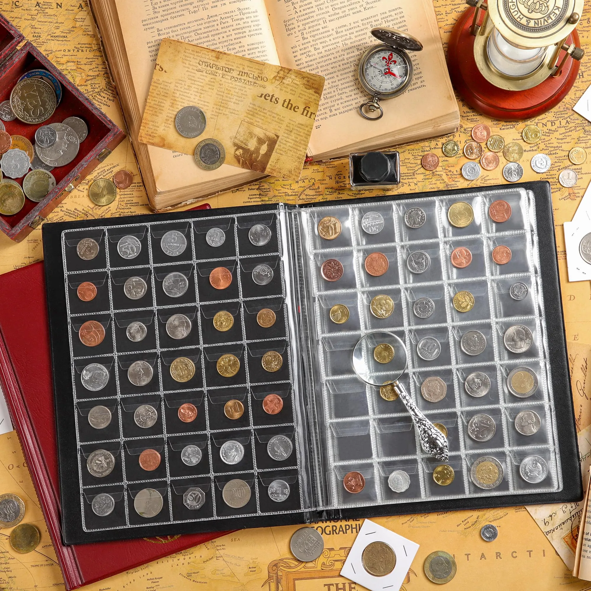 Uncle Paul Album per monete, 350 tasche, 10 fogli, 30x35mm, Rosso Borgogna - immagine 6