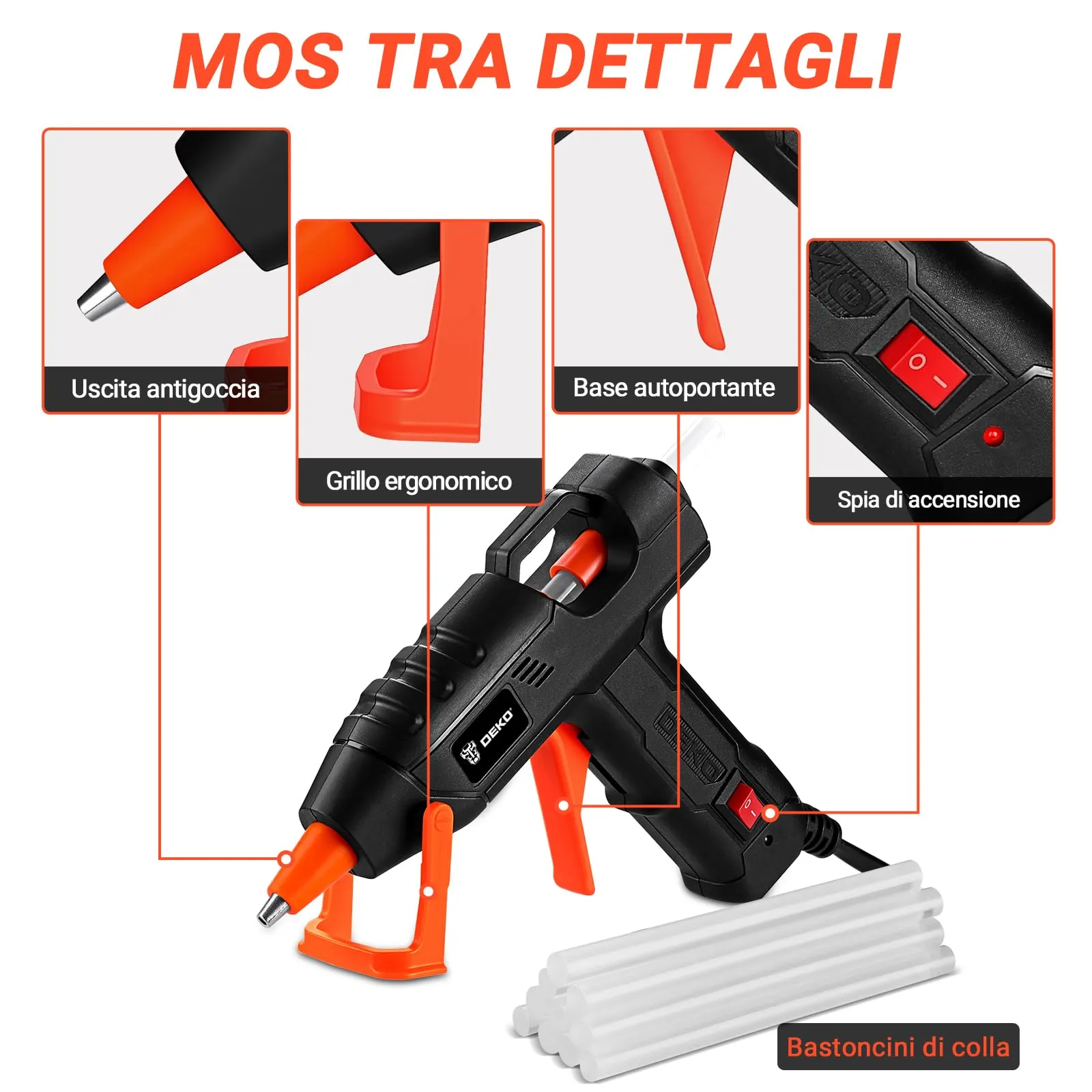 DEKOPRO Pistola Colla a Caldo 20W con 30 Bastoncini di Colla, Nero-Arancione - immagine 3