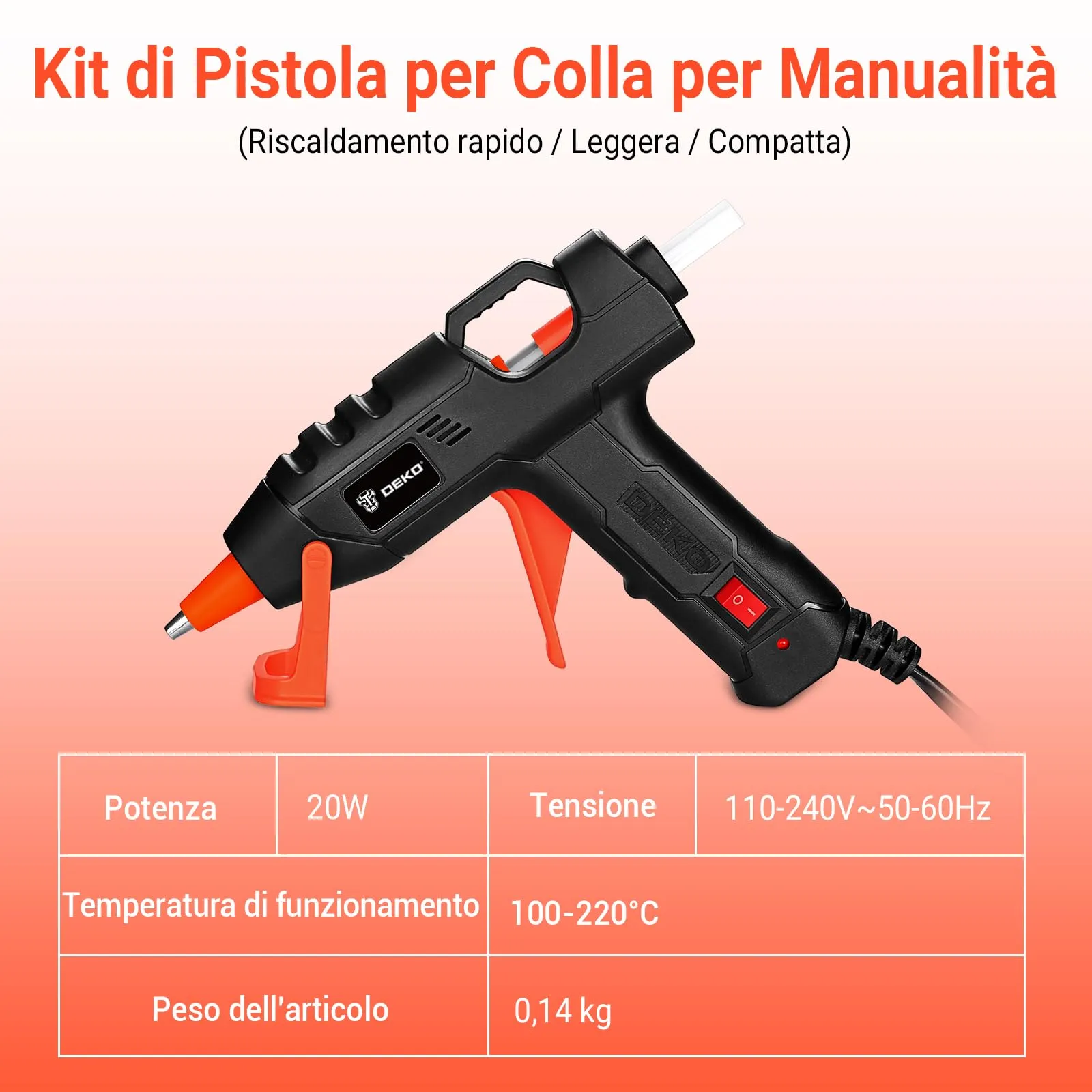 DEKOPRO Pistola Colla a Caldo 20W con 30 Bastoncini di Colla, Nero-Arancione - immagine 4