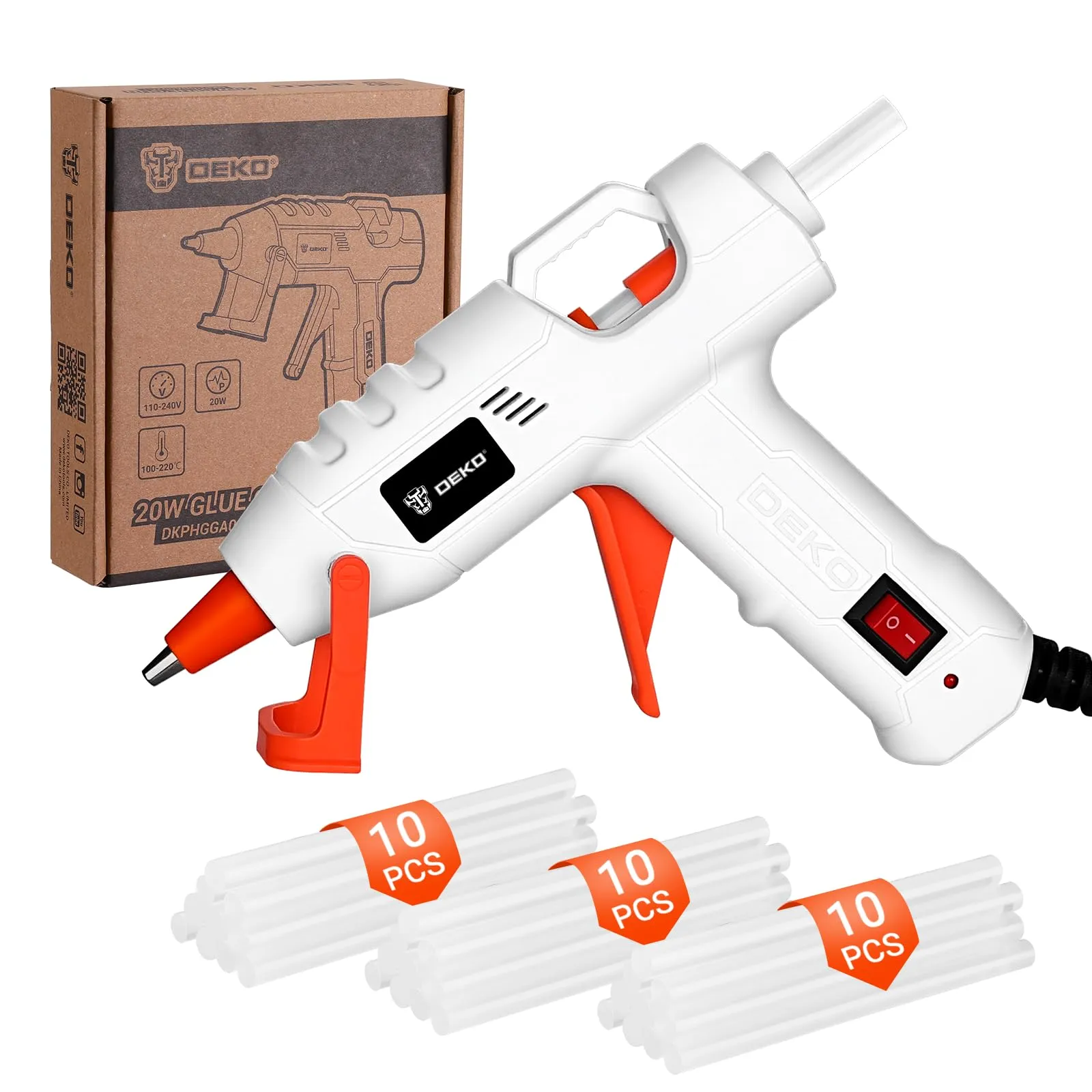 DEKOPRO Pistola Colla a Caldo 20W con 30 Bastoncini di Colla, Bianco-Arancione - immagine 1