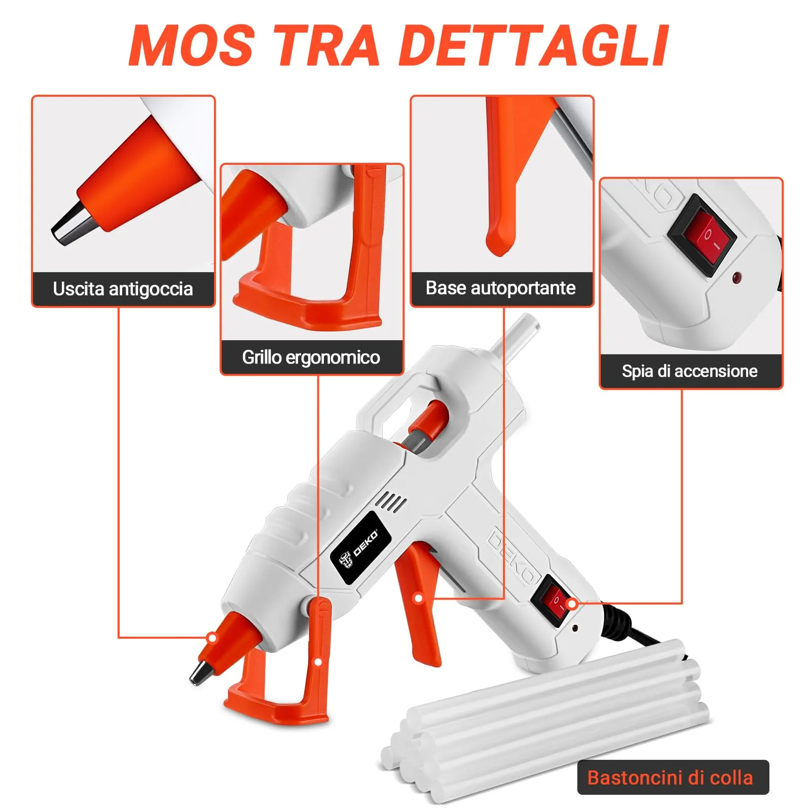 DEKOPRO Pistola Colla a Caldo 20W con 30 Bastoncini di Colla, Bianco-Arancione - immagine 3