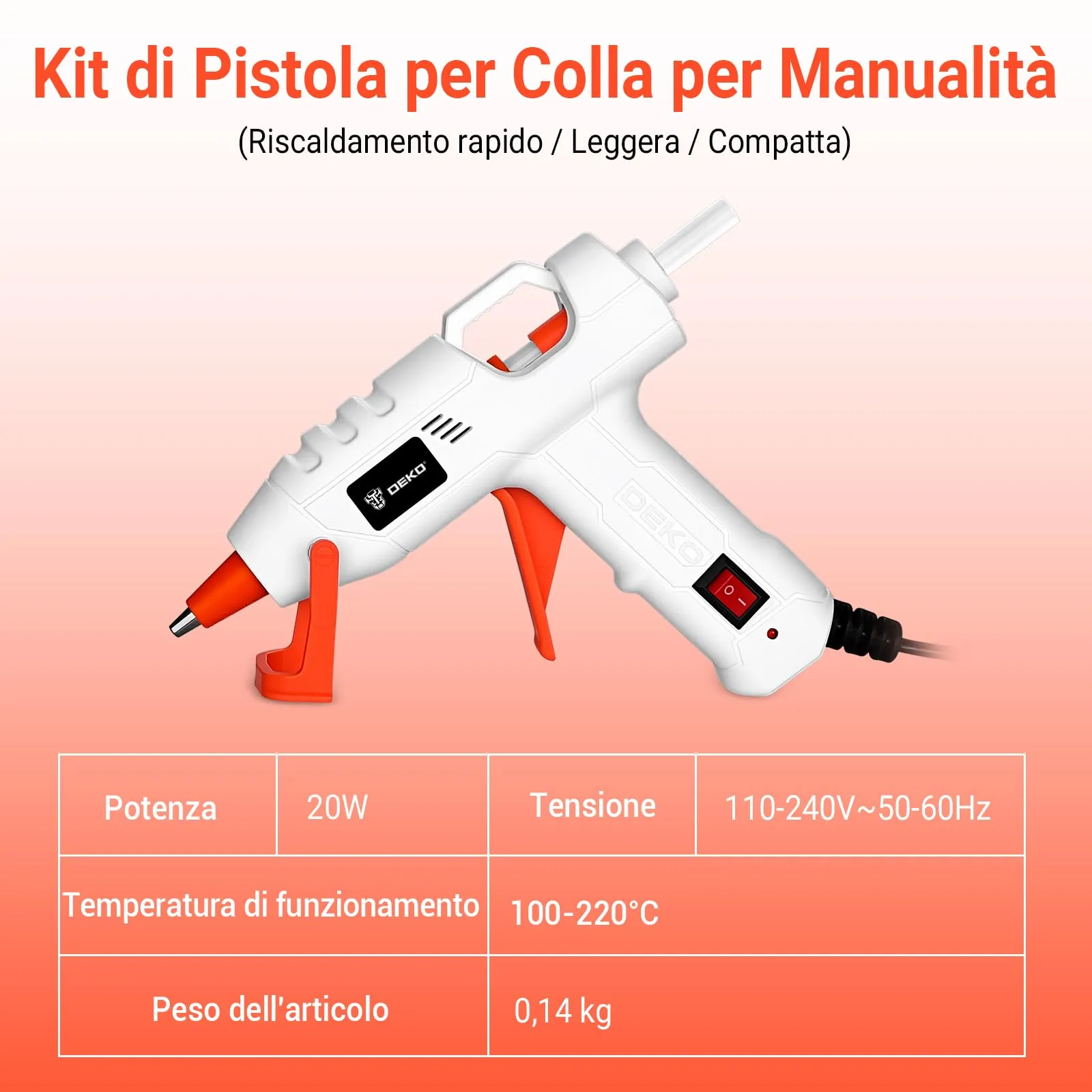 DEKOPRO Pistola Colla a Caldo 20W con 30 Bastoncini di Colla, Bianco-Arancione - immagine 4