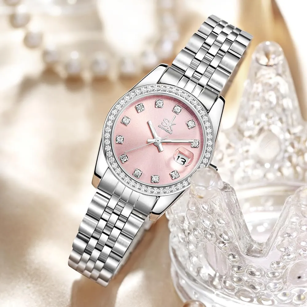 SHENGKE K0209L Orologio da Donna in Acciaio Inox con Cristalli e Calendario (Argento-rosa) - immagine 2