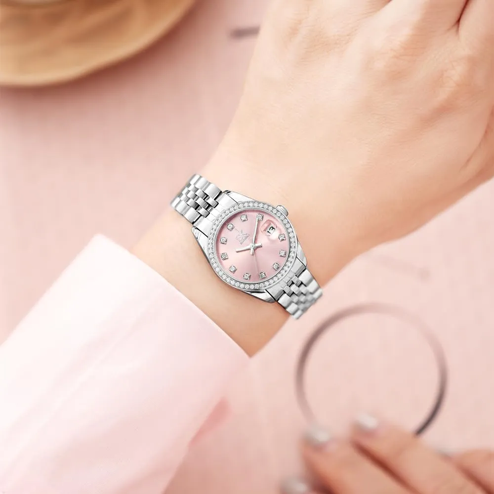 SHENGKE K0209L Orologio da Donna in Acciaio Inox con Cristalli e Calendario (Argento-rosa) - immagine 3