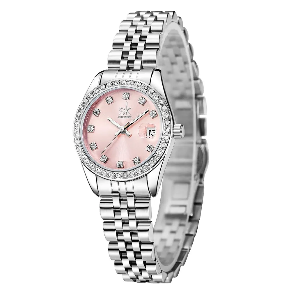 SHENGKE K0209L Orologio da Donna in Acciaio Inox con Cristalli e Calendario (Argento-rosa) - immagine 4