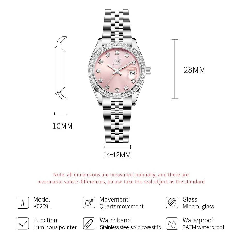 SHENGKE K0209L Orologio da Donna in Acciaio Inox con Cristalli e Calendario (Argento-rosa) - immagine 6