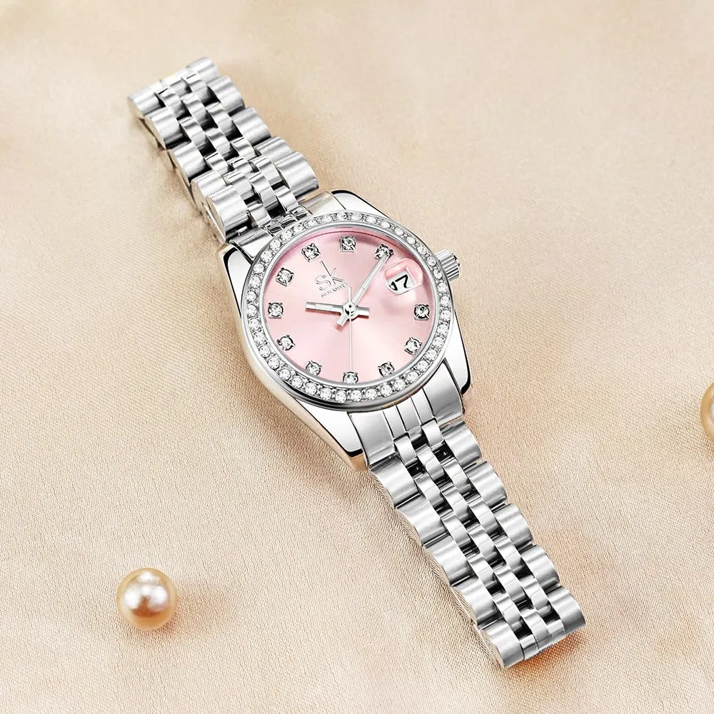SHENGKE K0209L Orologio da Donna in Acciaio Inox con Cristalli e Calendario (Argento-rosa) - immagine 7