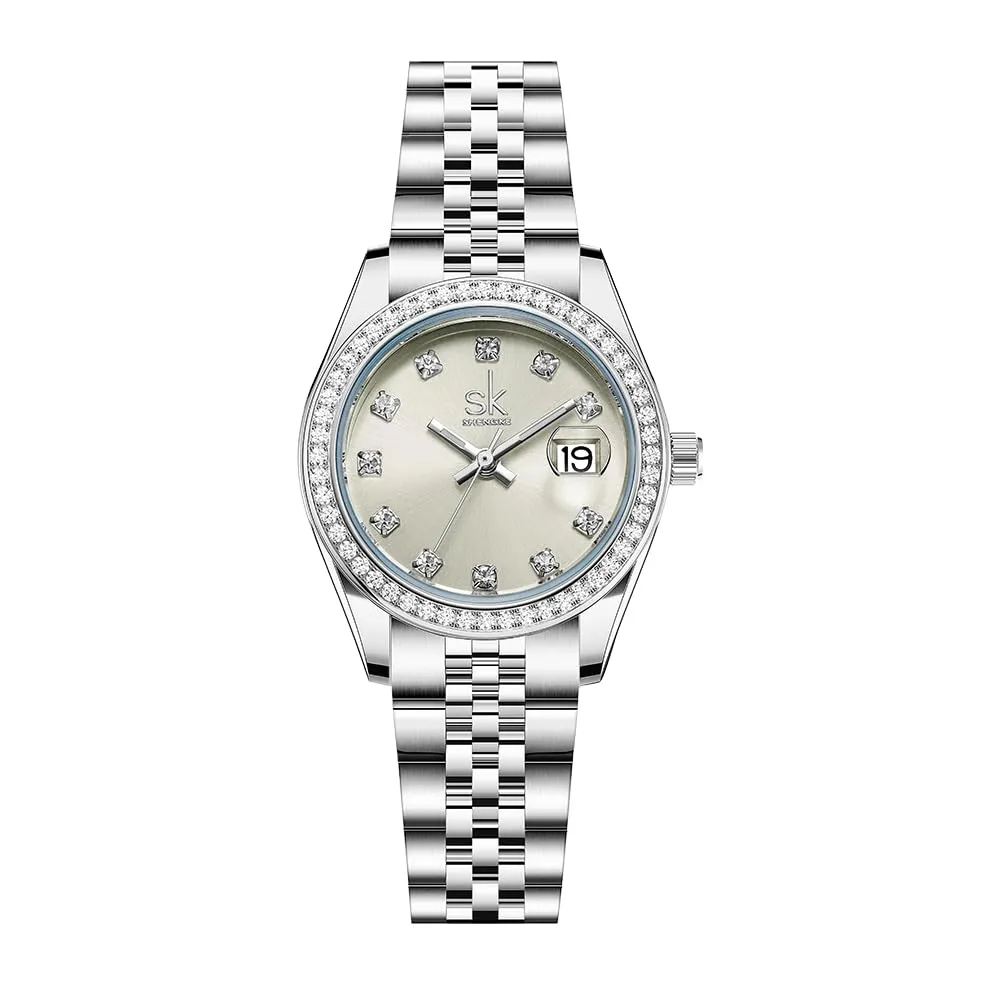 SHENGKE K0209L Orologio Donna in Acciaio Solido con Cristalli e Calendario - Argento & Verde Chiaro Beige - immagine 1