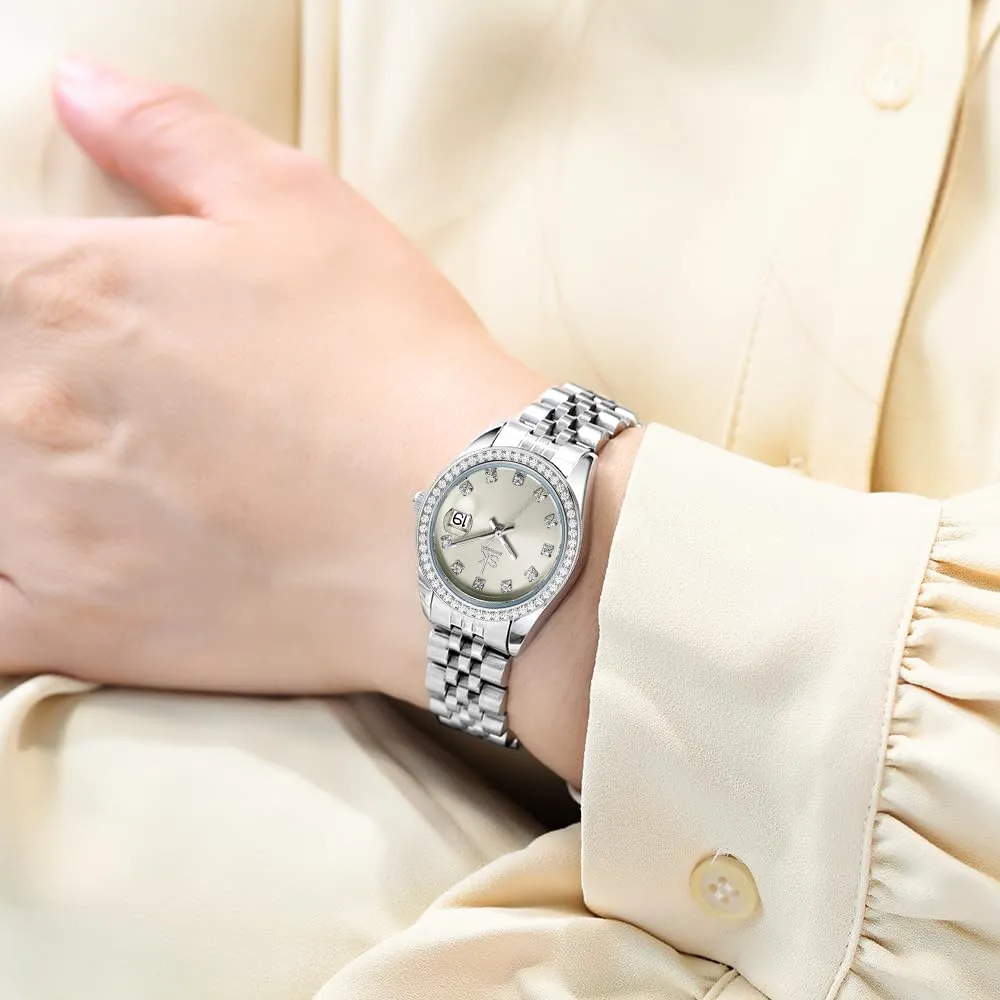 SHENGKE K0209L Orologio Donna in Acciaio Solido con Cristalli e Calendario - Argento & Verde Chiaro Beige - immagine 2
