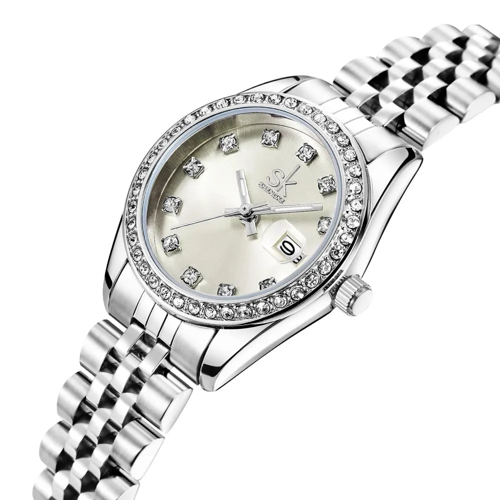 SHENGKE K0209L Orologio Donna in Acciaio Solido con Cristalli e Calendario - Argento & Verde Chiaro Beige - immagine 3