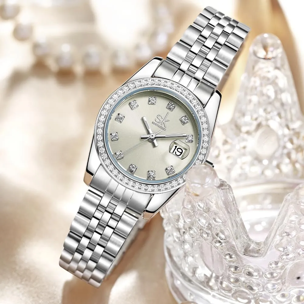 SHENGKE K0209L Orologio Donna in Acciaio Solido con Cristalli e Calendario - Argento & Verde Chiaro Beige - immagine 4