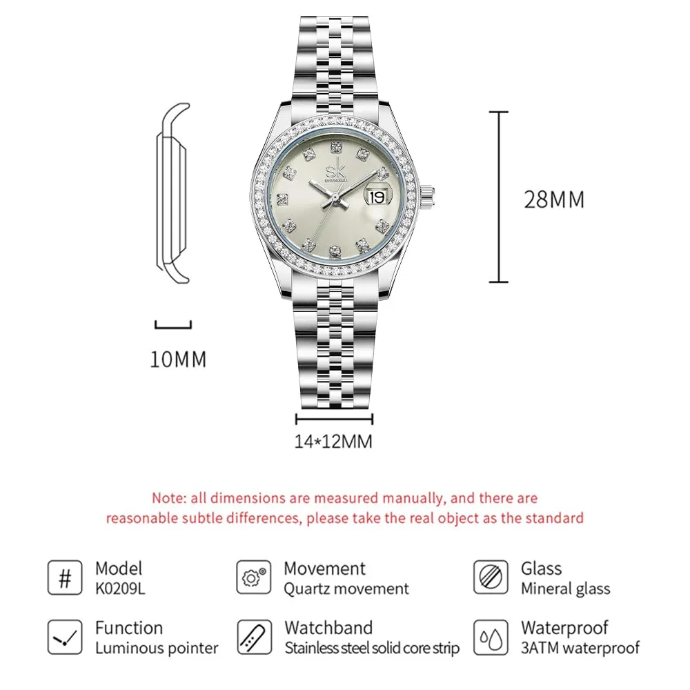 SHENGKE K0209L Orologio Donna in Acciaio Solido con Cristalli e Calendario - Argento & Verde Chiaro Beige - immagine 6