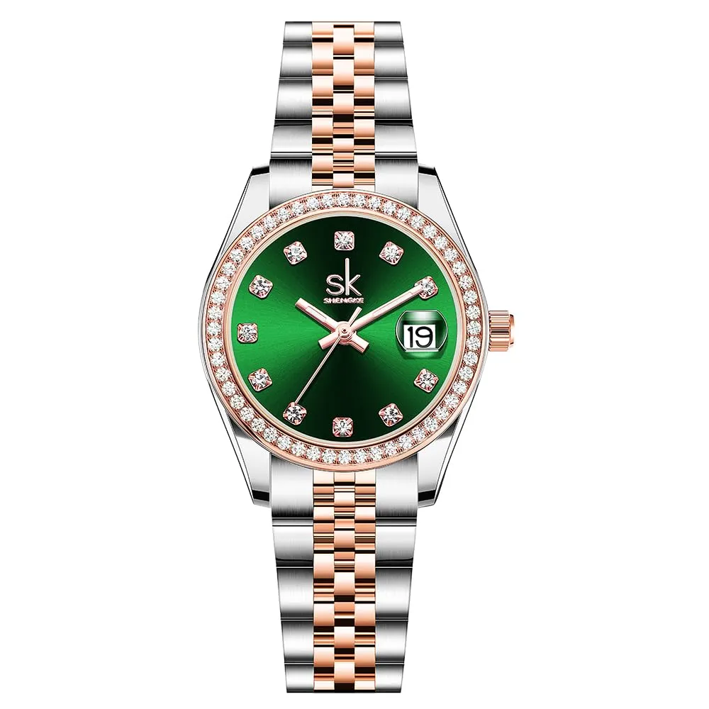 SHENGKE Donna Orologio al Quarzo con Cristalli e Calendario, Cinturino in Acciaio Inossidabile, Verde Rosato - immagine 1