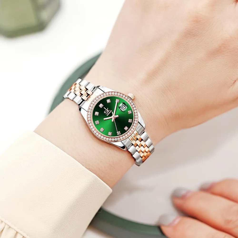 SHENGKE Donna Orologio al Quarzo con Cristalli e Calendario, Cinturino in Acciaio Inossidabile, Verde Rosato - immagine 2