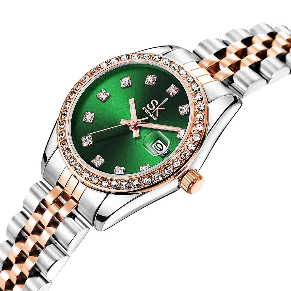 SHENGKE Donna Orologio al Quarzo con Cristalli e Calendario, Cinturino in Acciaio Inossidabile, Verde Rosato - immagine 3