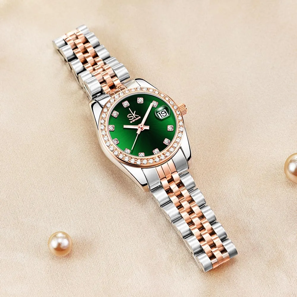 SHENGKE Donna Orologio al Quarzo con Cristalli e Calendario, Cinturino in Acciaio Inossidabile, Verde Rosato - immagine 4