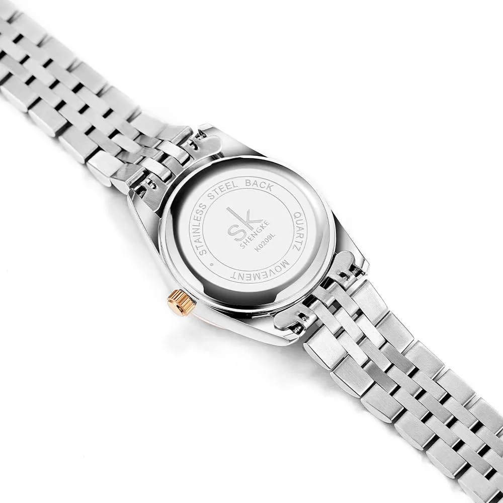 SHENGKE Donna Orologio al Quarzo con Cristalli e Calendario, Cinturino in Acciaio Inossidabile, Verde Rosato - immagine 5