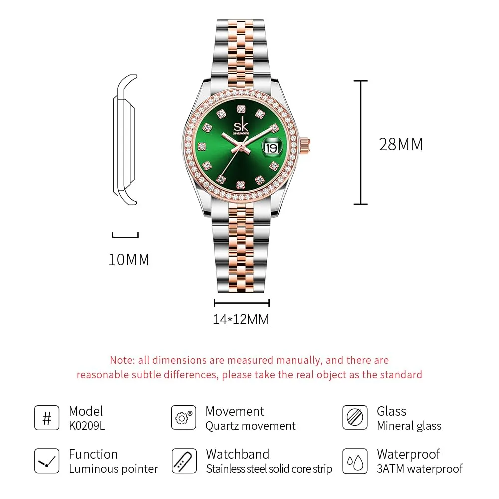 SHENGKE Donna Orologio al Quarzo con Cristalli e Calendario, Cinturino in Acciaio Inossidabile, Verde Rosato - immagine 6