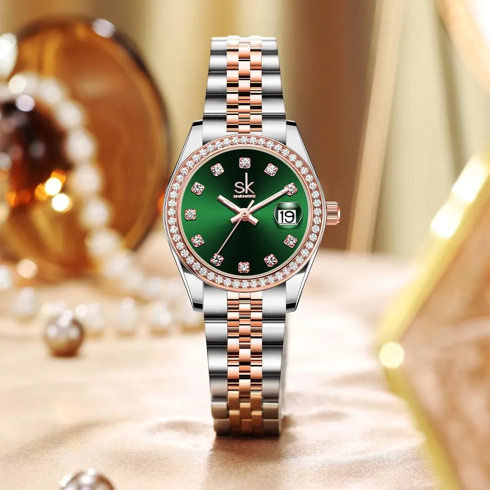 SHENGKE Donna Orologio al Quarzo con Cristalli e Calendario, Cinturino in Acciaio Inossidabile, Verde Rosato - immagine 7