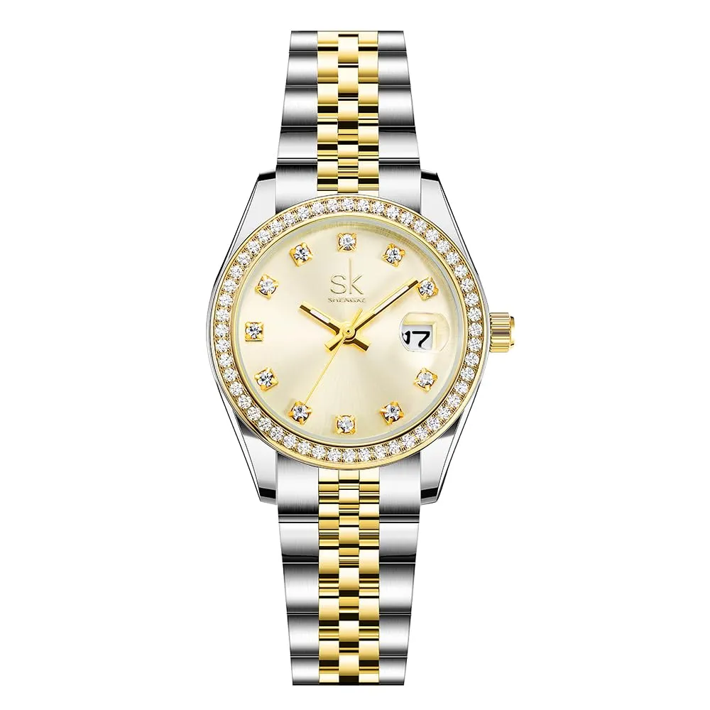 SHENGKE Orologio Donna al Quarzo con Cristalli e Calendario, Cinturino in Acciaio Solido (Argento-Oro), K0209L - immagine 1