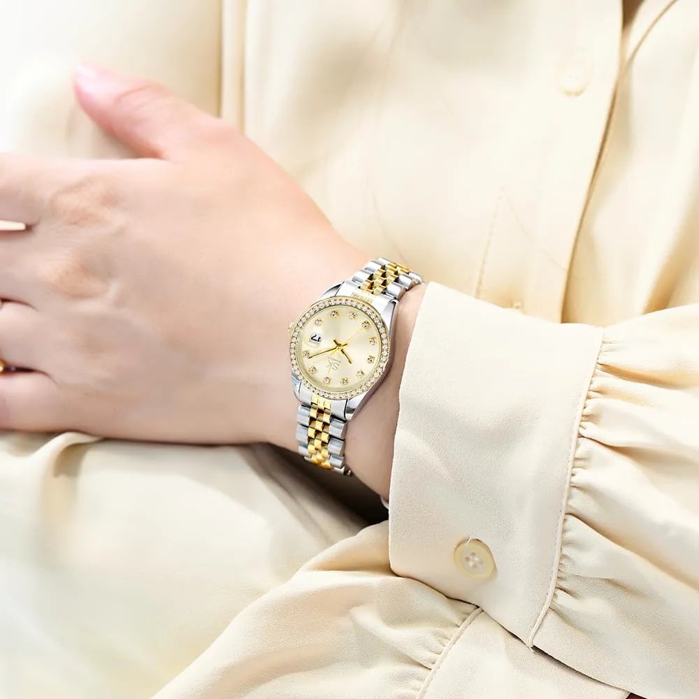 SHENGKE Orologio Donna al Quarzo con Cristalli e Calendario, Cinturino in Acciaio Solido (Argento-Oro), K0209L - immagine 2